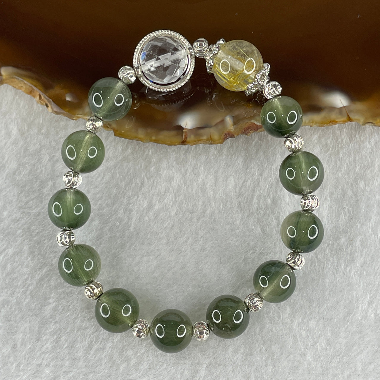 Natural Green Rutilated with Golden Rutilated and Faceted Clear Quartz Beads Bracelet 17.85g 123.5cm 9.4mm 11 Beads 10.6mm 1 Bead