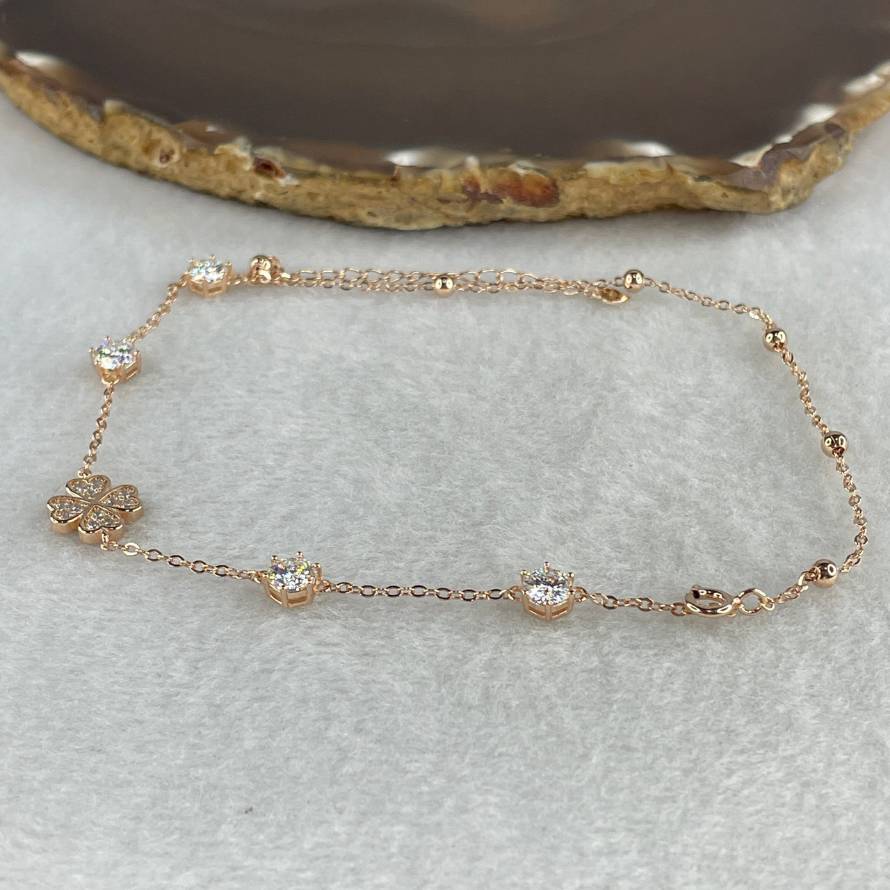 Certified Moissanite Clover Bracelet in S925 Rose Gold - 0.5ct Round Brilliant Center with Pavé Accents - 13-16cm Petite Lucky Four Leaf Clover Charm