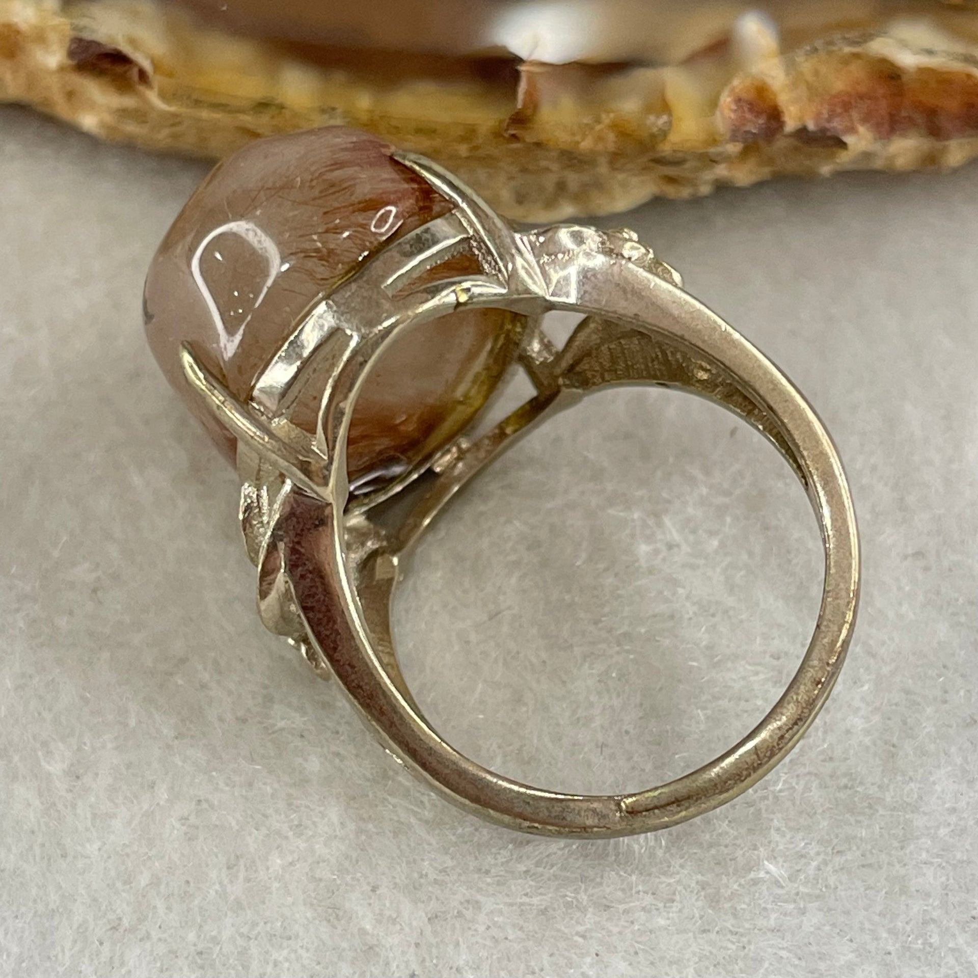 Average Grade Natural Copper Rutilated Quartz Cabochon in S925 Silver Flower design Ring (Adjustable Size) 8.20g 19.0 by 14.1 by 11.5mm - Huangs Jadeite and Jewelry Pte Ltd