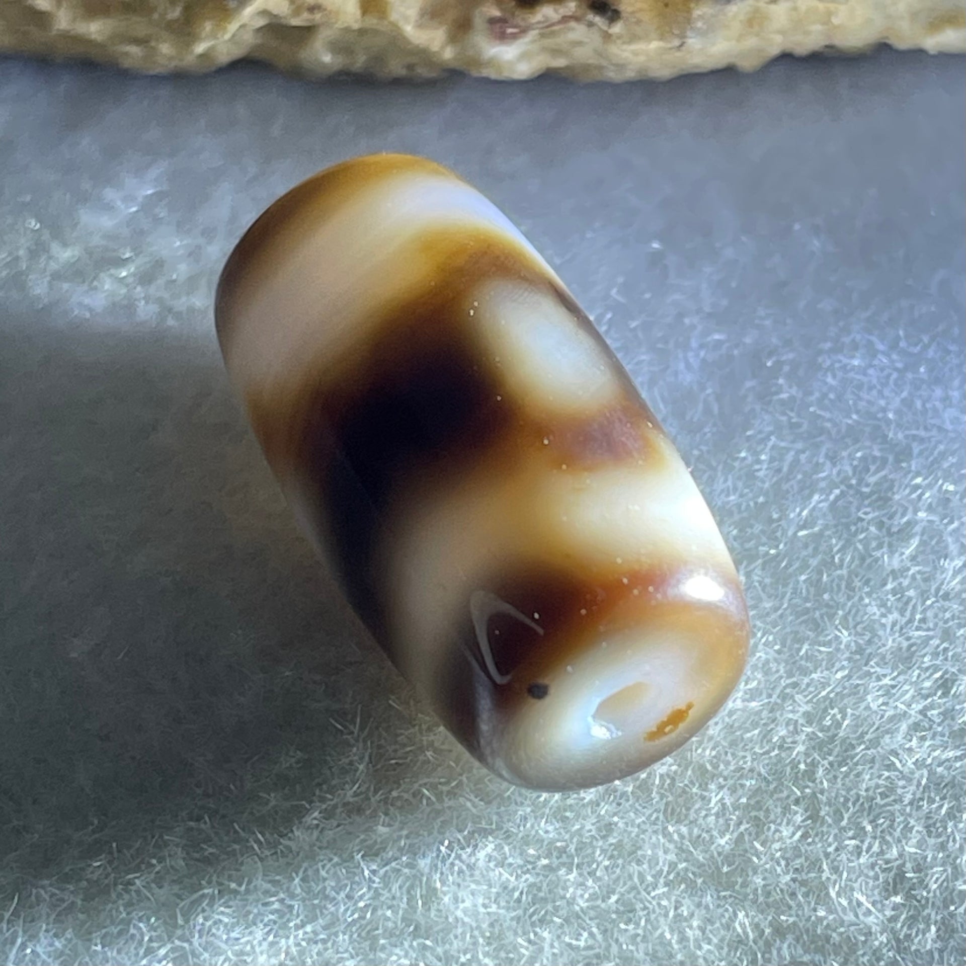 Natural Powerful Tibetan Old Oily Dark Brown With White Agate 3 Eyes Dzi Bead Heavenly Master (Tian Zhu) 三眼天诛 3.95g 19.6 by 10.8mm - Huangs Jadeite and Jewelry Pte Ltd