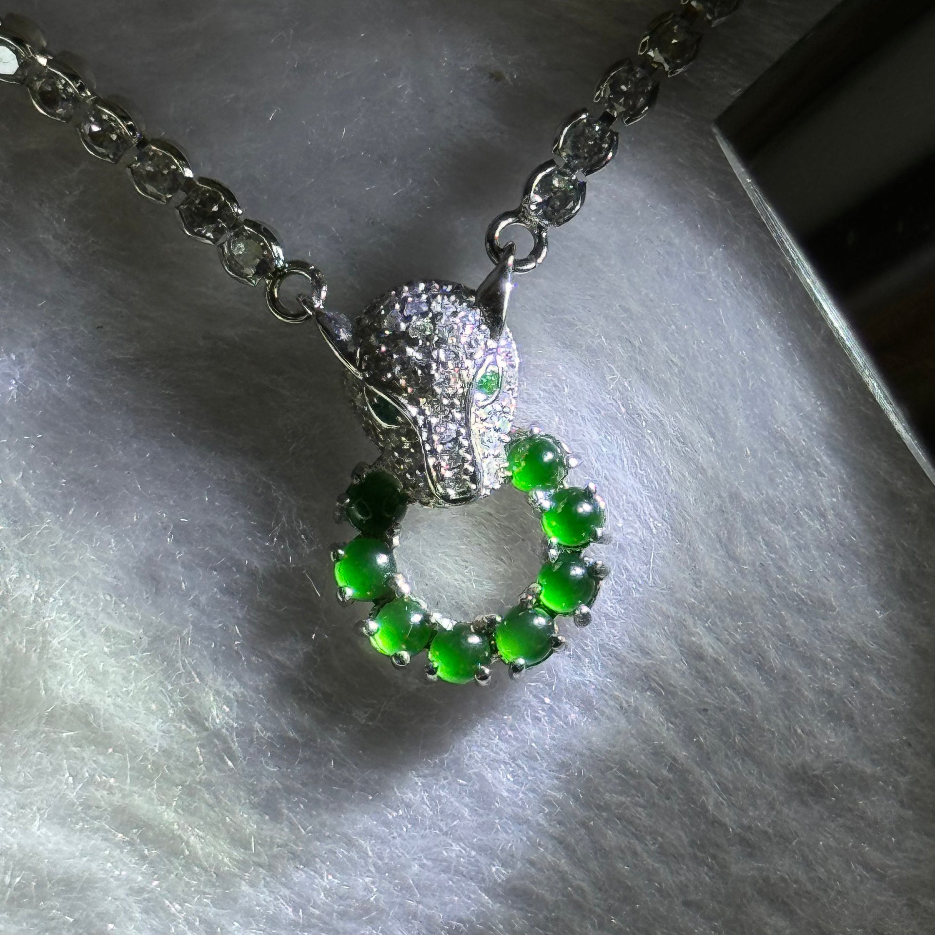 Type A Icy Green Omphasite Jadeite Panther Charm with Crystals in S925 Sliver Necklace 13.29g 2.3 by 1.5mm 8pcs - Huangs Jadeite and Jewelry Pte Ltd