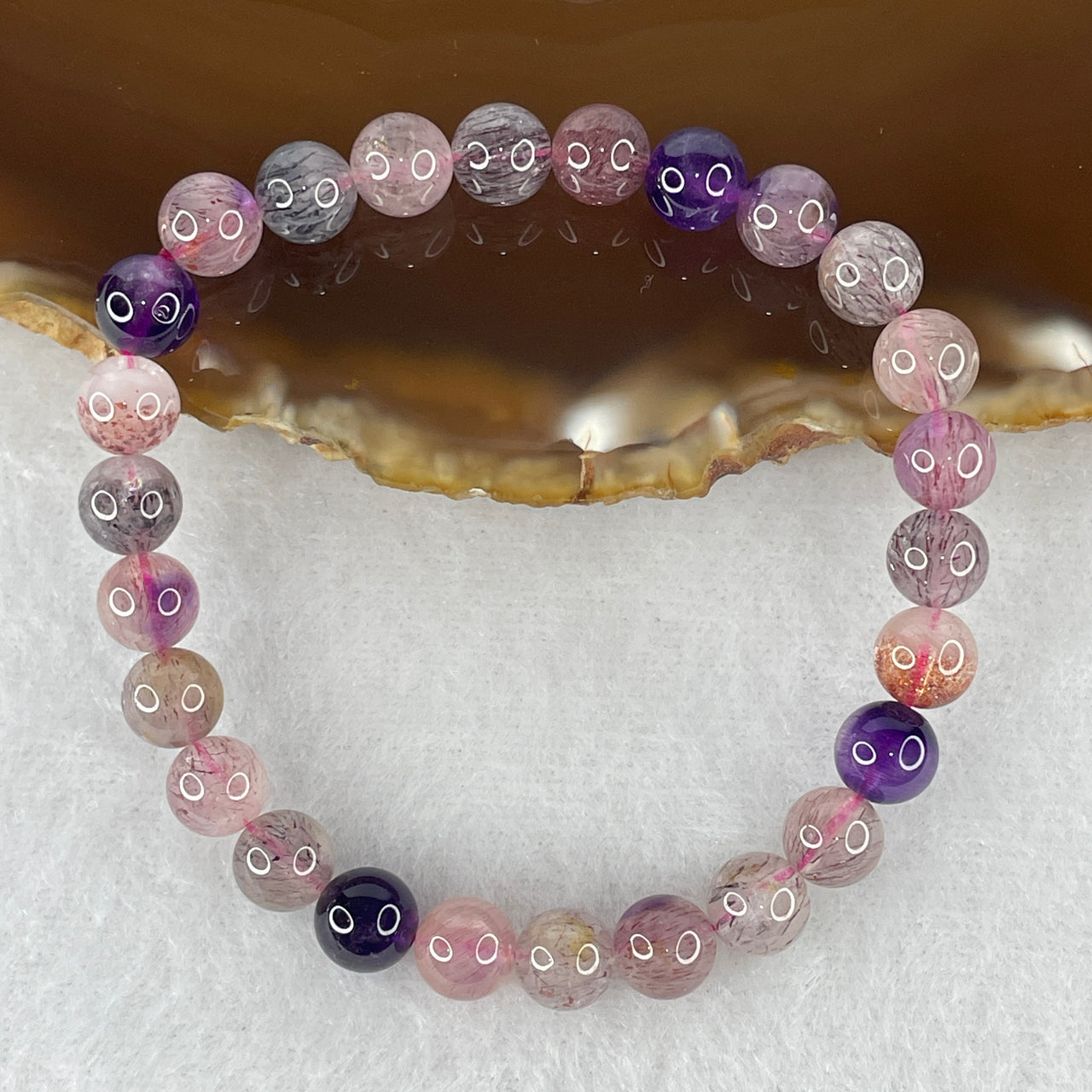 Certified Above-Average Grade Natural Super 7 Crystal Beads Bracelet | Petite High-Clarity Elegant Strand | Authentic Sacred Seven Multi-Mineral Inclusions Quartz Spiritual Catalyst & Auric Shield Bracelet (11.28g | 14.5cm Length | 6.8mm | 26 Beads)