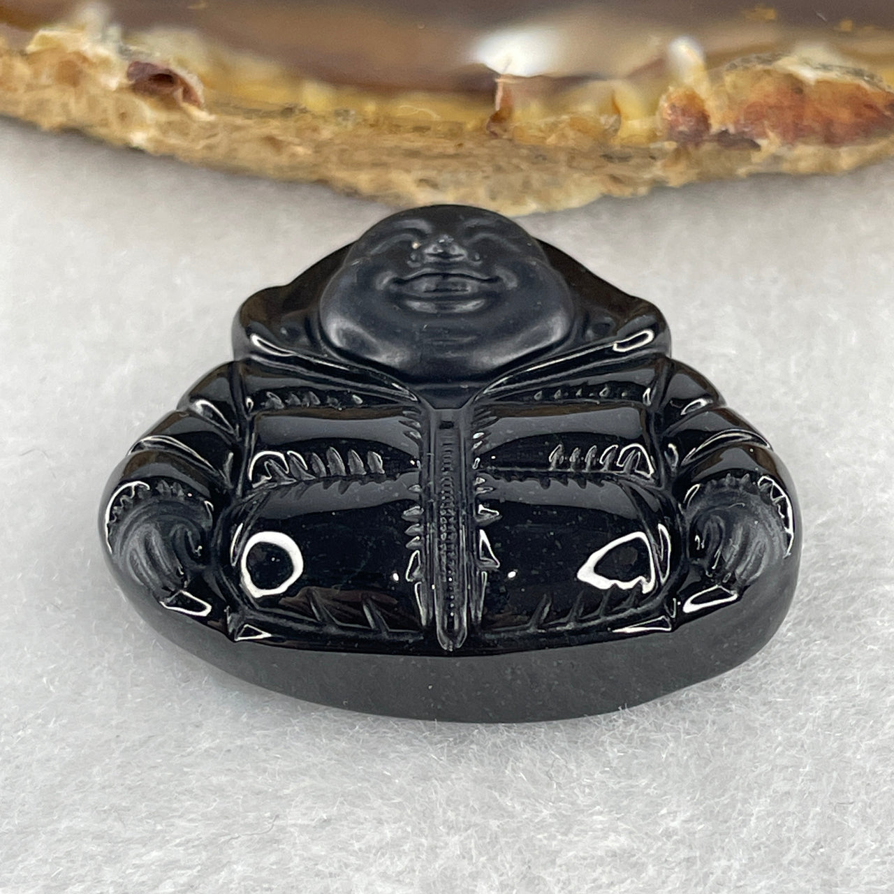 Symbol of Luck, Wealth and Happiness - Certified Natural Type A Black Jadeite Milo Laughing Buddha Pendant with Jacket 16.88g 30.0 by 32.5 by 9.5mm