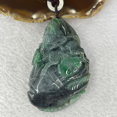 Rare Type A Wuji Grey with Spicy Green Jadeite Qilin Kirin with Phoenix, Ruyi and Treasure 95.01g 77.5 by 49.0 by 14.5 mm - Huangs Jadeite and Jewelry Pte Ltd