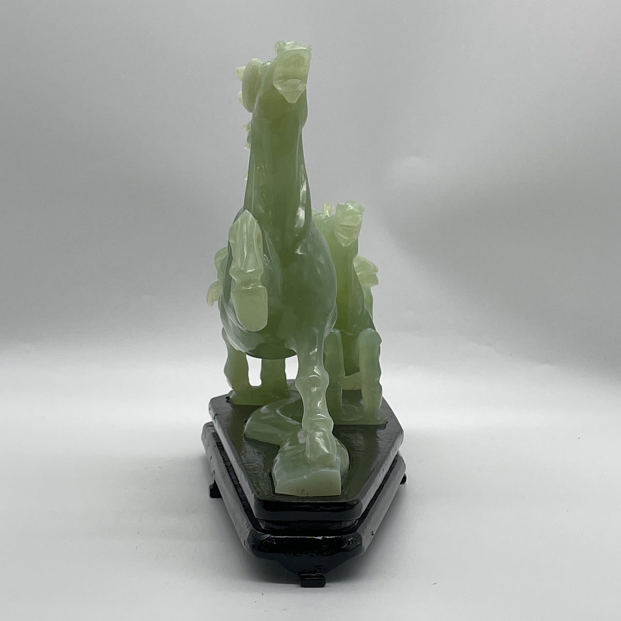Natural Green Serpentine Double Horse with Wooden Stand Display 1,807.4g 220.0 by 105.0 by 210.0mm