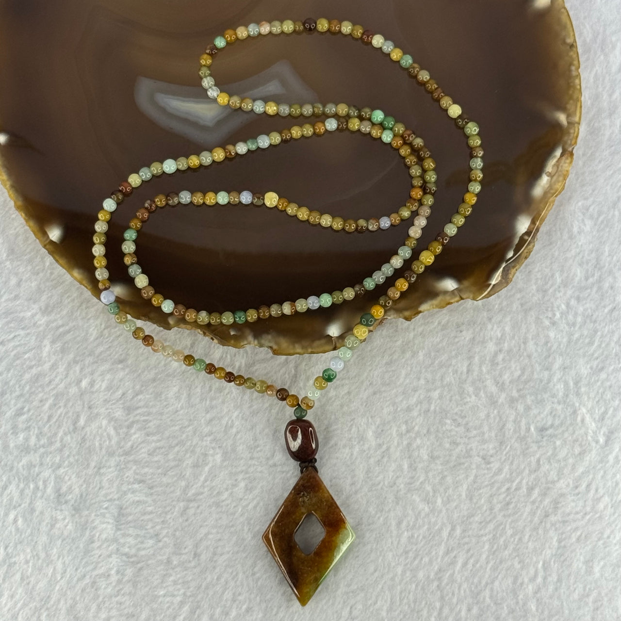 Type A Muti Color Jadeite Beads Necklace with Diamond Shaped Pendent 21.25g 37.2 by 24.8 by 5.7mm (External Rough) - Huangs Jadeite and Jewelry Pte Ltd