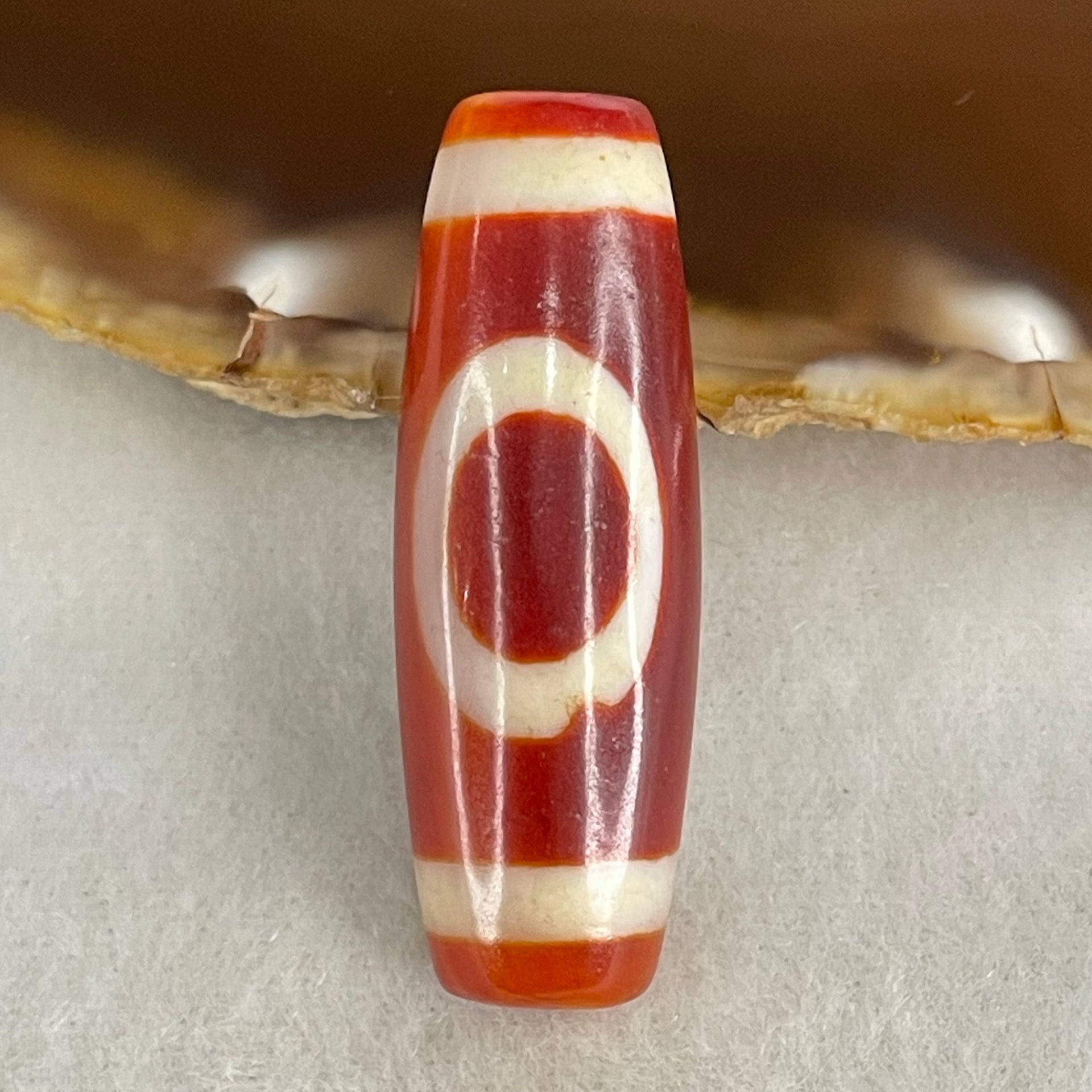 Natural Powerful Tibetan Old Oily Red White Agate One Eye Wood Element Dzi Bead Heavenly Master (Tian Zhu) 一眼木元素天珠 10.00g 38.3 by 12.7mm - Huangs Jadeite and Jewelry Pte Ltd