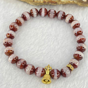 Natural Powerful Tibetan Old Oily Red White One Line Agate Dzi Bead Heavenly Master with Tibetan Bell Charm Bracelet (Tian Zhu) 天诛 19.36g 16.5cm 8.4mm 23 Beads - Huangs Jadeite and Jewelry Pte Ltd