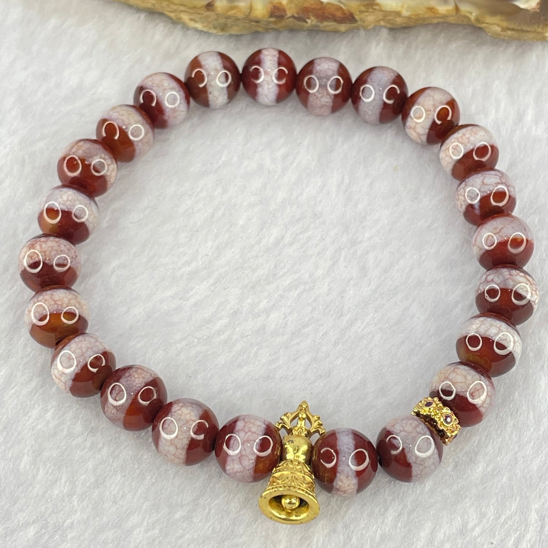Natural Powerful Tibetan Old Oily Red White One Line Agate Dzi Bead Heavenly Master with Tibetan Bell Charm Bracelet (Tian Zhu) 天诛 19.36g 16.5cm 8.4mm 23 Beads - Huangs Jadeite and Jewelry Pte Ltd