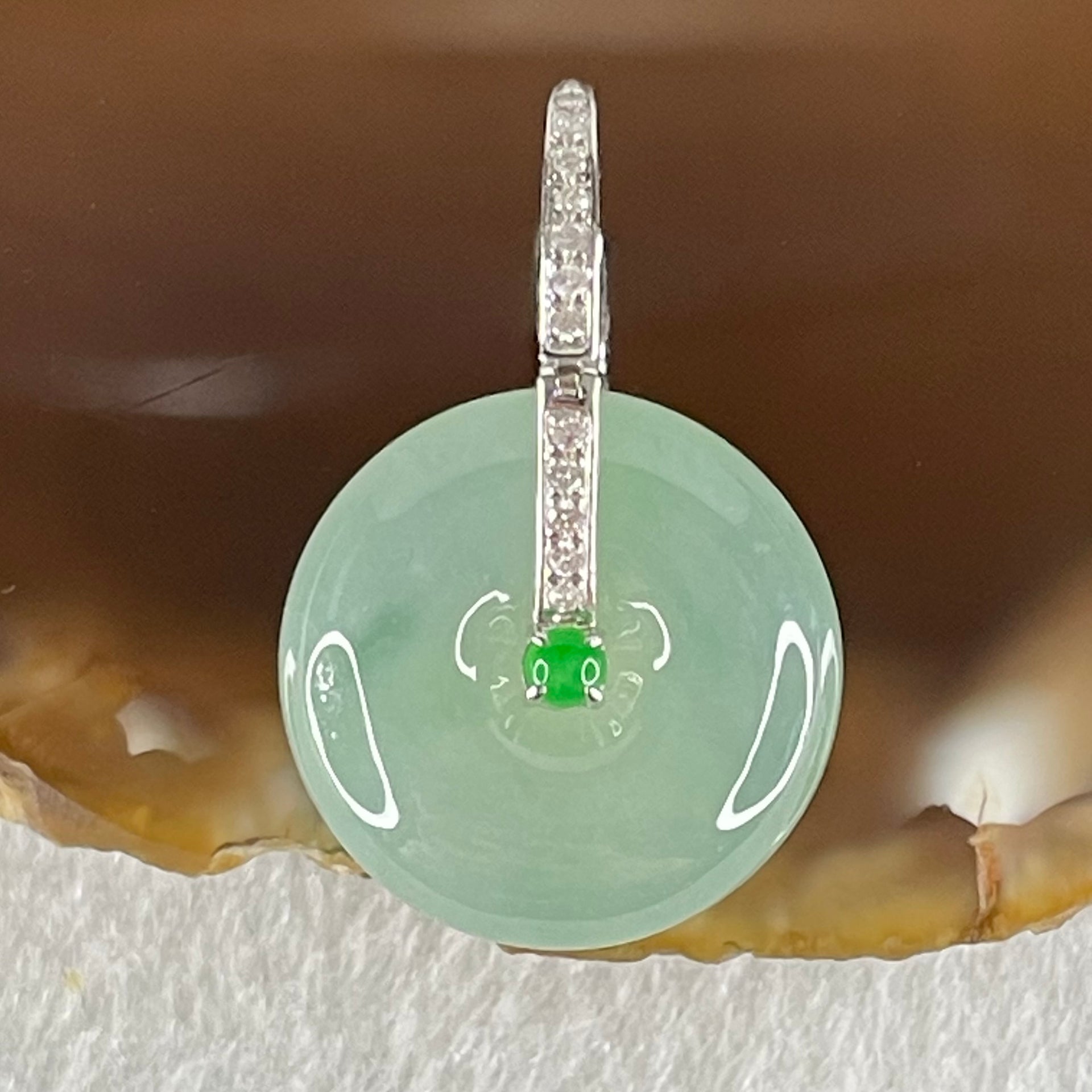 Type A Blueish Green Jadeite Ping An Kou Donut in 18K White Gold AU750 Clasps 4.91g 17.3 by 6.3mm - Huangs Jadeite and Jewelry Pte Ltd