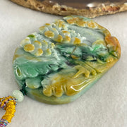 Type A Brown Blueish Green with Yellow Jadeite Shan Shui with Guiren Benefactor Pendant 93.95g 66.8 by 49.0 by 13.8mm - Huangs Jadeite and Jewelry Pte Ltd