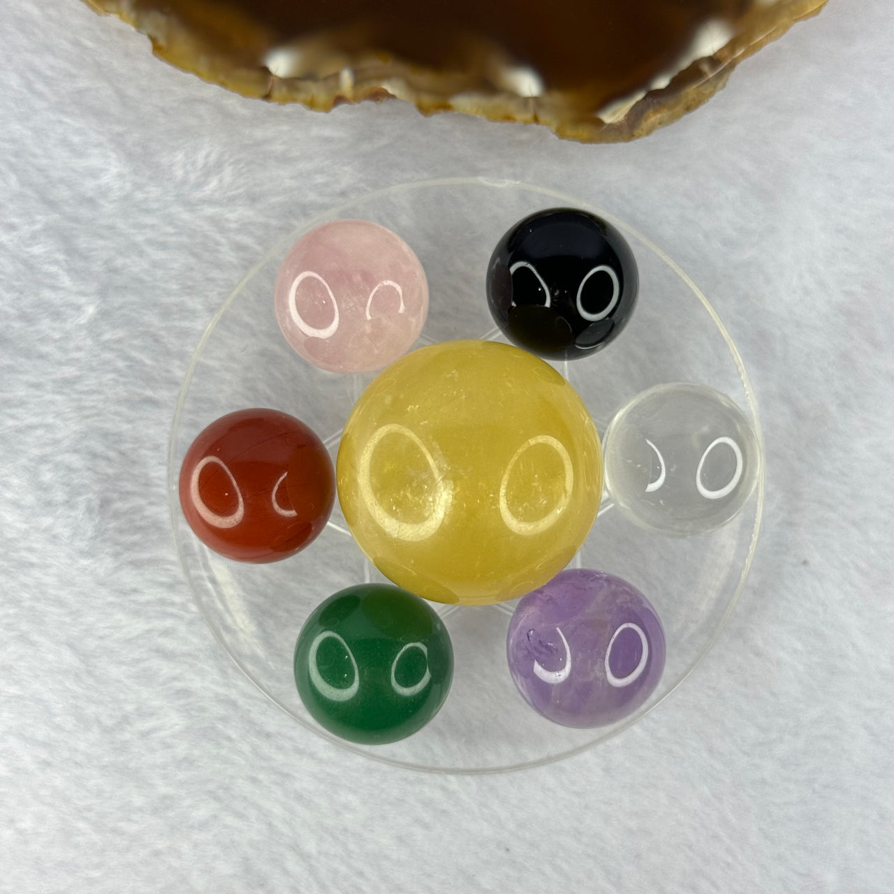 Natural Crystals 7 Stars Colourful 5 Elements Sphere Ball Set 天然水晶球七星阵摆件七彩招財五行珠五行阵 155.09g 74.9 by 42.4m Diameter 33.4mm x 1pc Diameter 12.0mm x 6pcs - Huangs Jadeite and Jewelry Pte Ltd