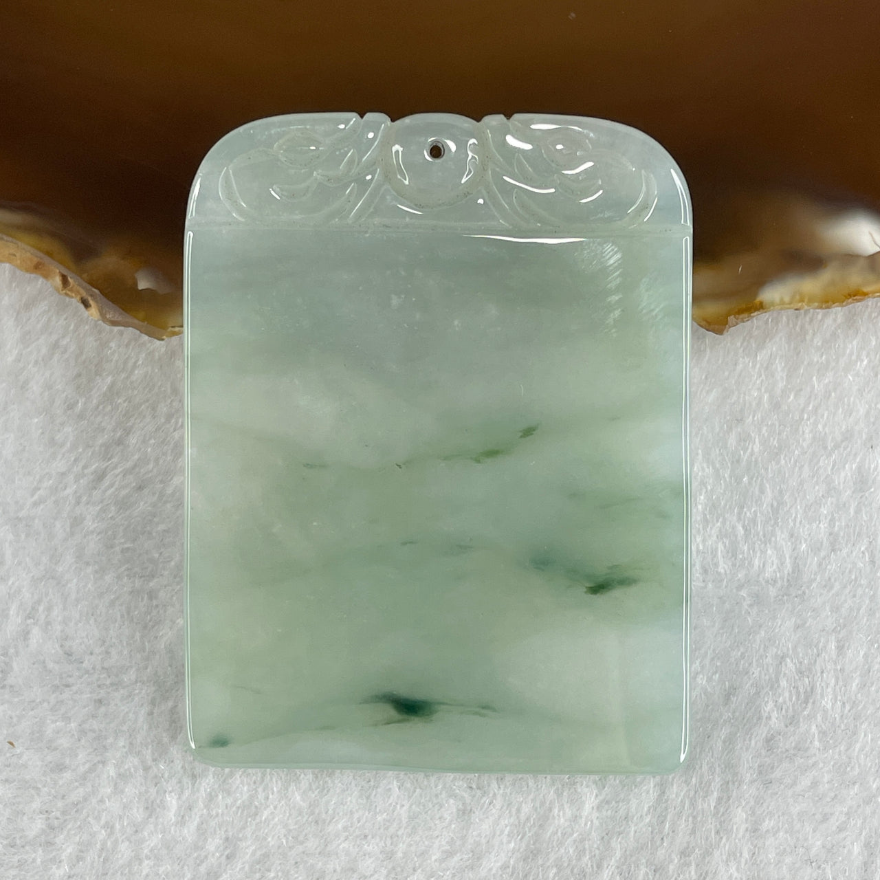 Natural Type A Semi Icy Light Green with Faint Lavender Jadeite Rectangle Wu Shi Pai with Double Dragon Heads Pendant 26.61g 52.2 by 40.4 by 4.1mm
