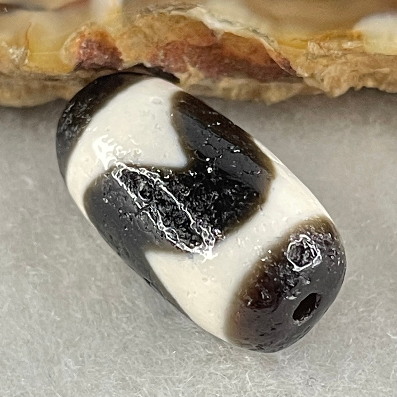 Natural Powerful Tibetan Old Oily Agate Tiger Tooth Daluo Dzi Bead Heavenly Master (Tian Zhu) 3.09g 19.4 by 10.2mm - Huangs Jadeite and Jewelry Pte Ltd