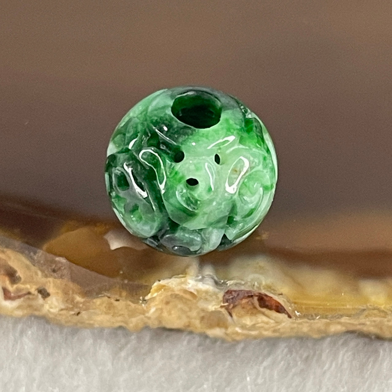 Natural Type A Lao Keng Old Mine Green Jadeite Flora Carving Bead Charm 1.32g 11.0mm - Huangs Jadeite and Jewelry Pte Ltd