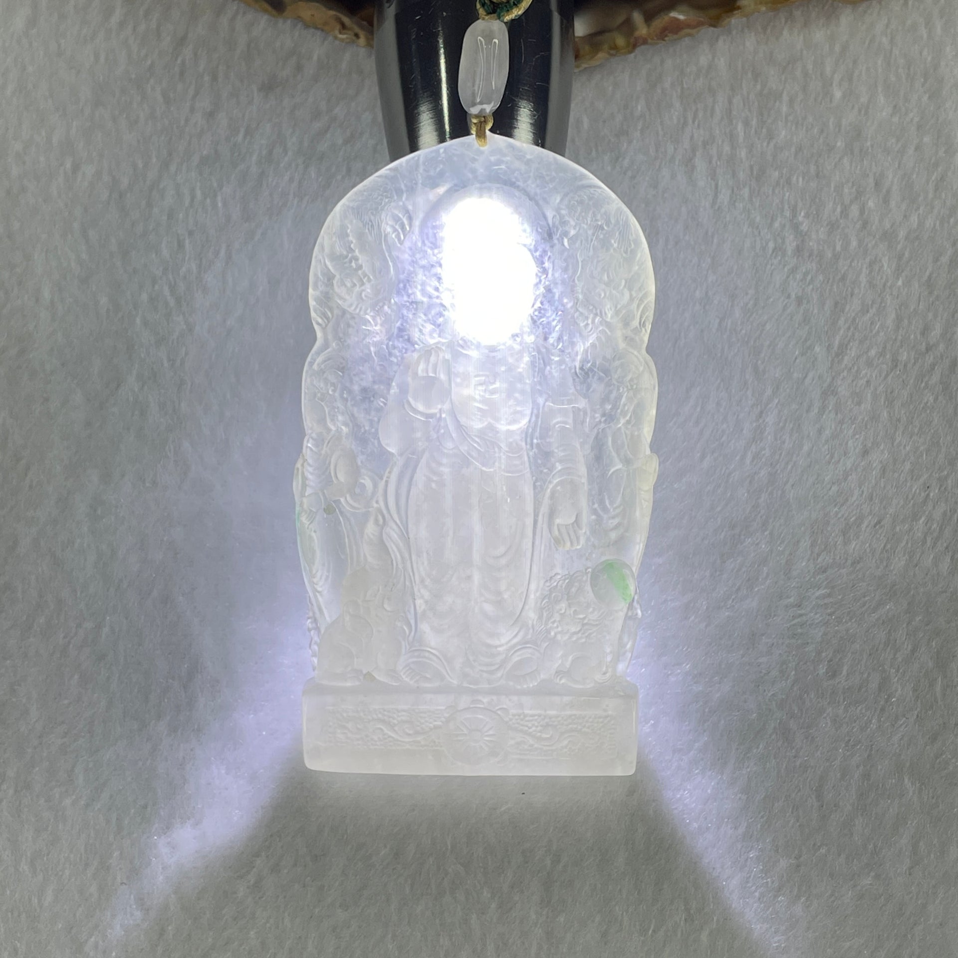 Rare Type A Icy White to Colorless with Green Spot Jadeite Amitabha Buddha with Buddha Double Side and Double Dragon and Elephants Pendant 68.88g 80.5 by 46.3 by 7.9mm - Huangs Jadeite and Jewelry Pte Ltd