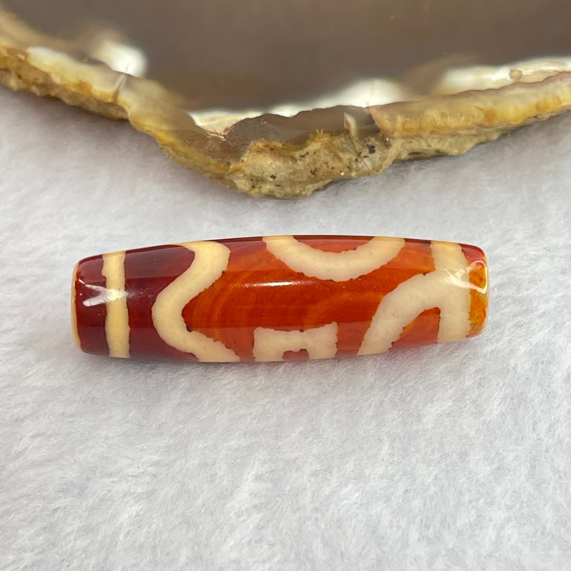 Natural Powerful Tibetan Old Oily Red Orange White Agate Sky Door Serenity 1 Eye Dzi Bead Heavenly Master (Tian Zhu) 一眼天诛 8.14g 38.1 by 11.6mm - Huangs Jadeite and Jewelry Pte Ltd