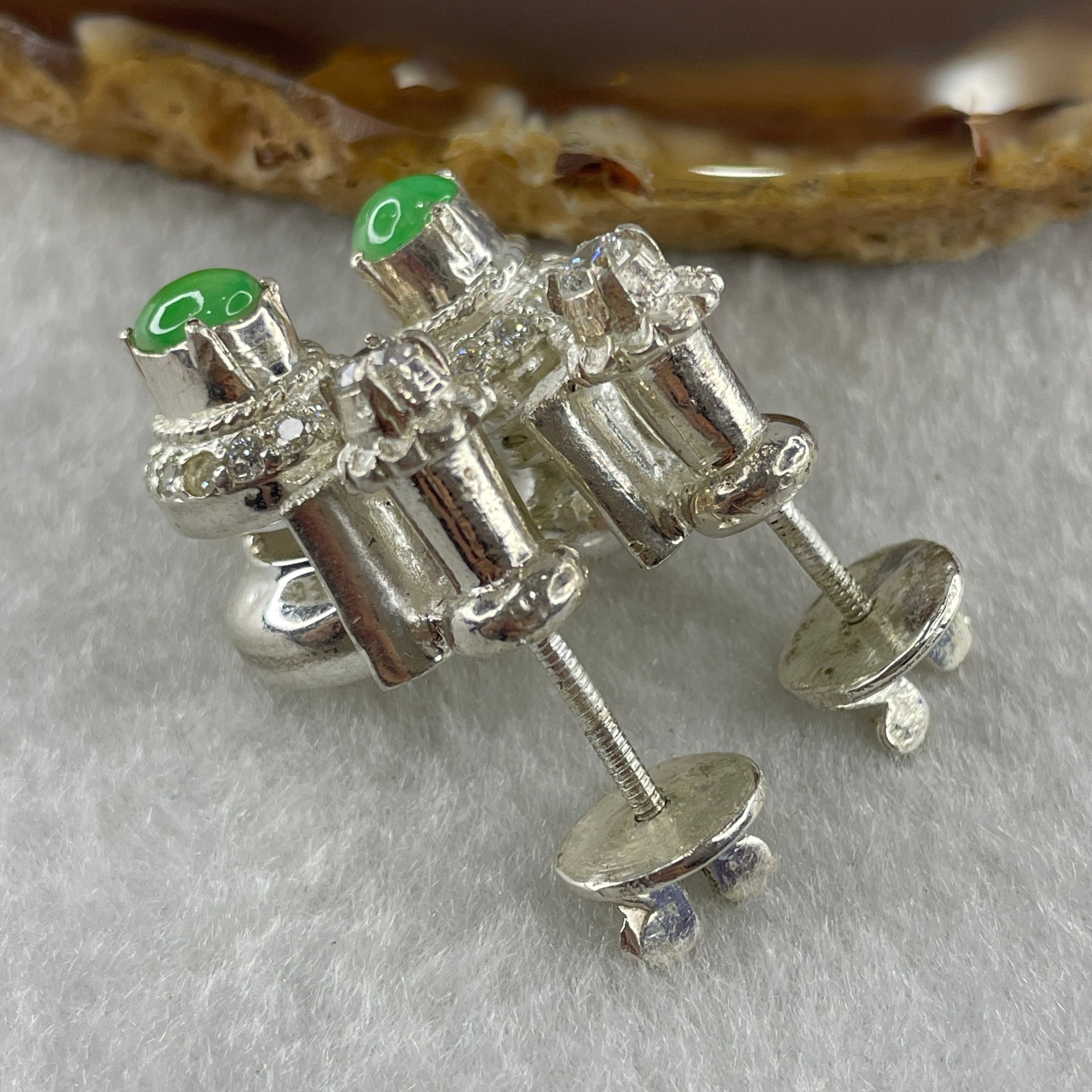 Type A Natural Semi Icy Green Jadeite Cabochon 6.2 by 5.5 by 2.5m Stone for Setting 22.45g (On Silver Earrings Mold) - Huangs Jadeite and Jewelry Pte Ltd