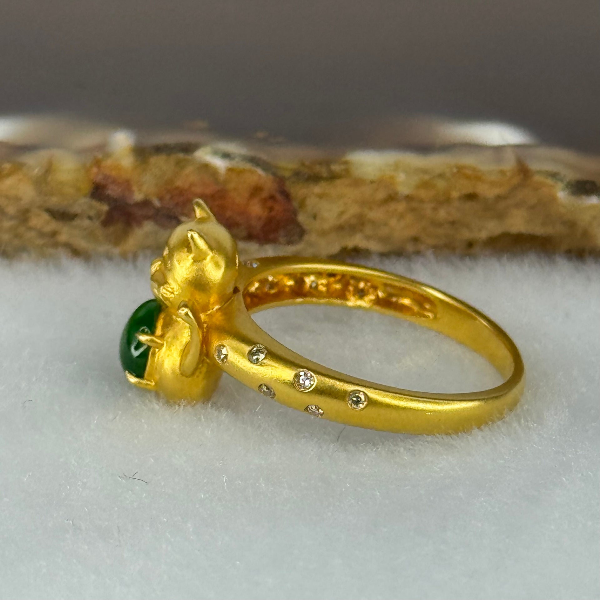 Type A Burmese Icy Gull Spicy Green Jade Jadeite Fortune Cat 18k yellow gold 4.61g Fortune cat 11.9 by 11.2 by 6.8mm with Diamonds Ring inner diameter 16.9mm US6.5 HK14.5 Inner Dia 17.0mm - Huangs Jadeite and Jewelry Pte Ltd
