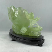 Natural Semi Icy Green Serpentine Tong Zhi on Lotus Leaf and Lotus Flower with Wooden Stand Display 1,458.5g L270.0 by B96.0 by H158.0mm - Huangs Jadeite and Jewelry Pte Ltd