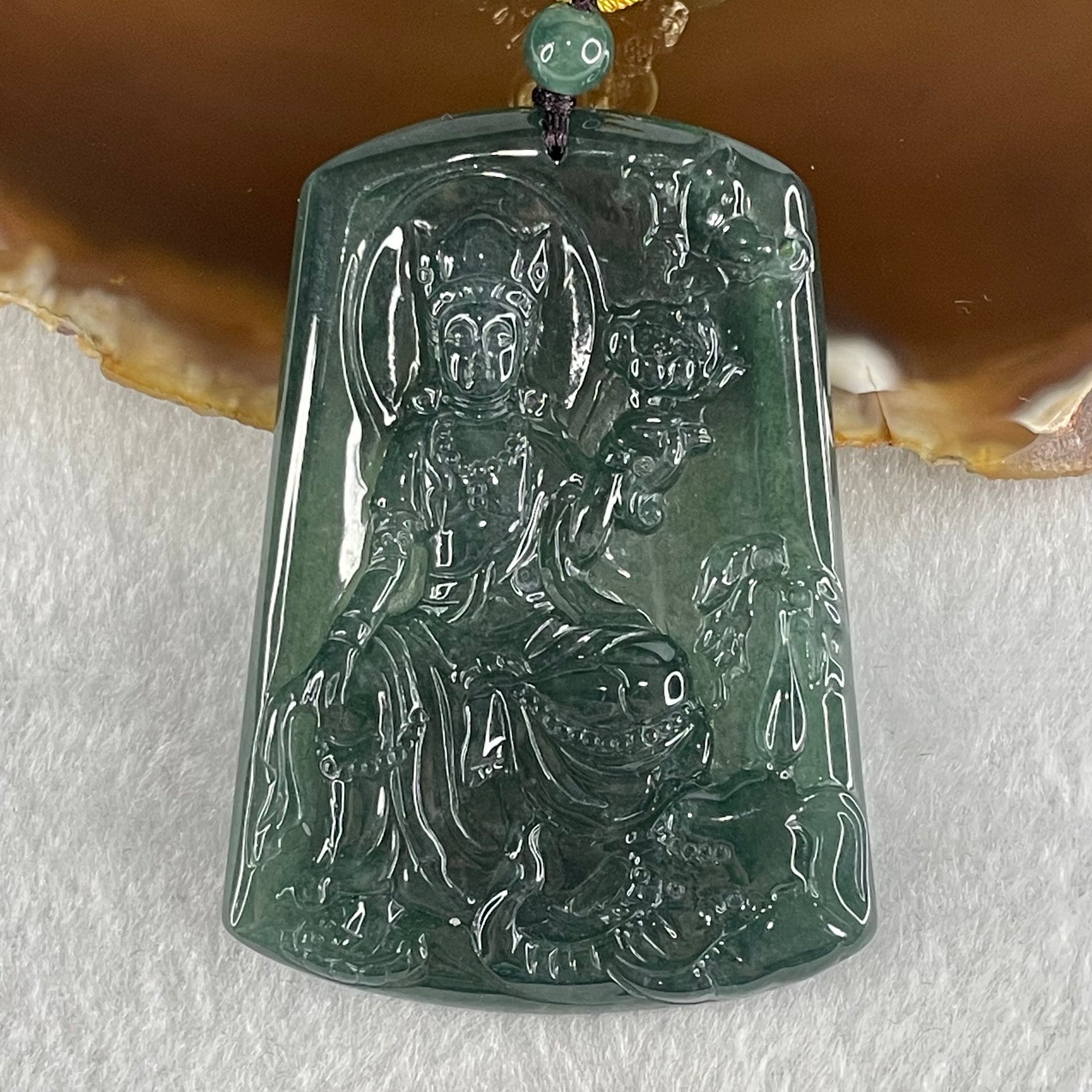 Grand Master Type A Icy Dark Blueish Green Samantabhadra Bodhisattva Guan Yin on Elephant and Flower Pendant 61.87g 57 by 41.6 by 5.6mm - Huangs Jadeite and Jewelry Pte Ltd