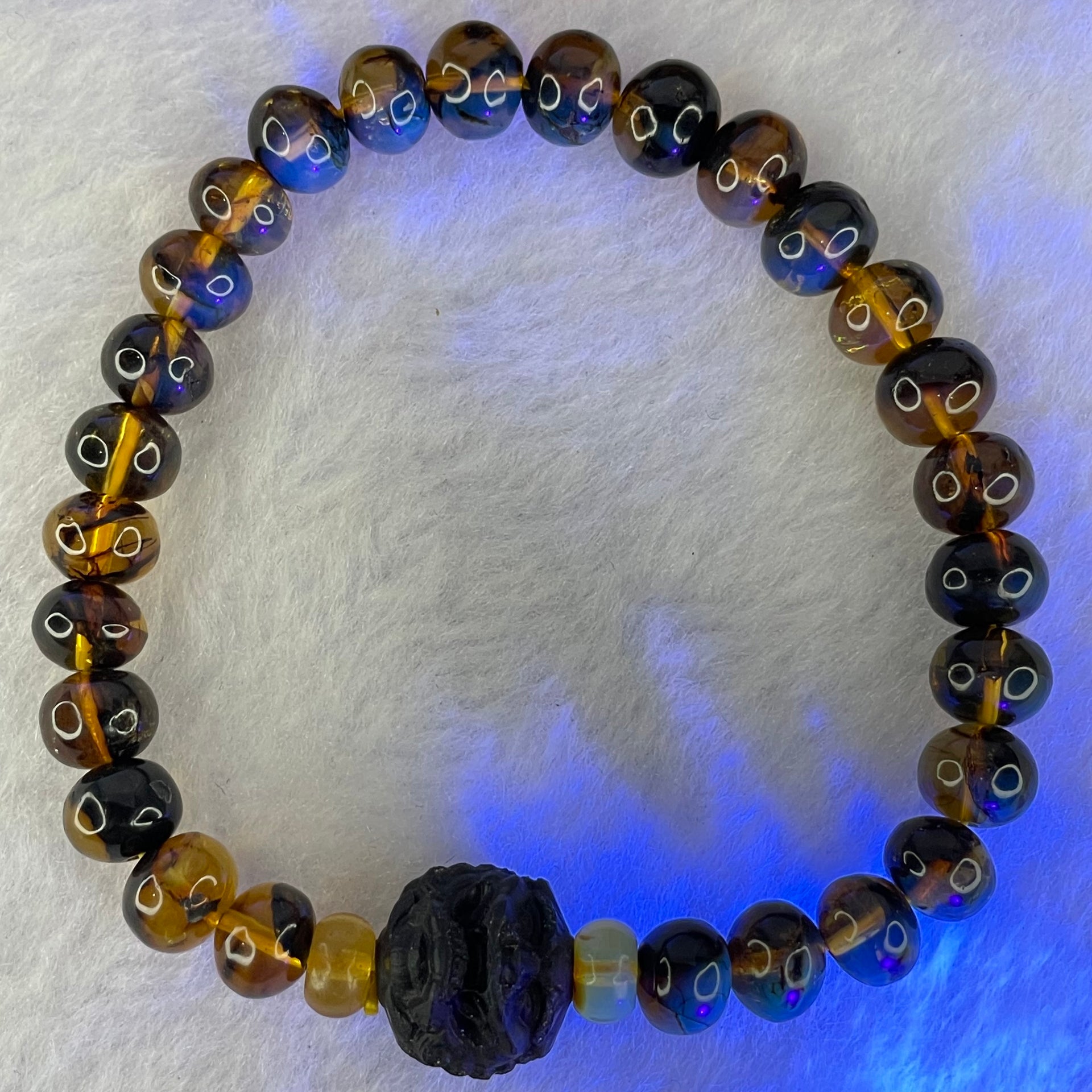 Natural Dark Brownish Yellow Flower Amber Beads Bracelet 天然抚顺金珀手链 7.13g 15.5cm 7.9mm 29 Beads - Huangs Jadeite and Jewelry Pte Ltd