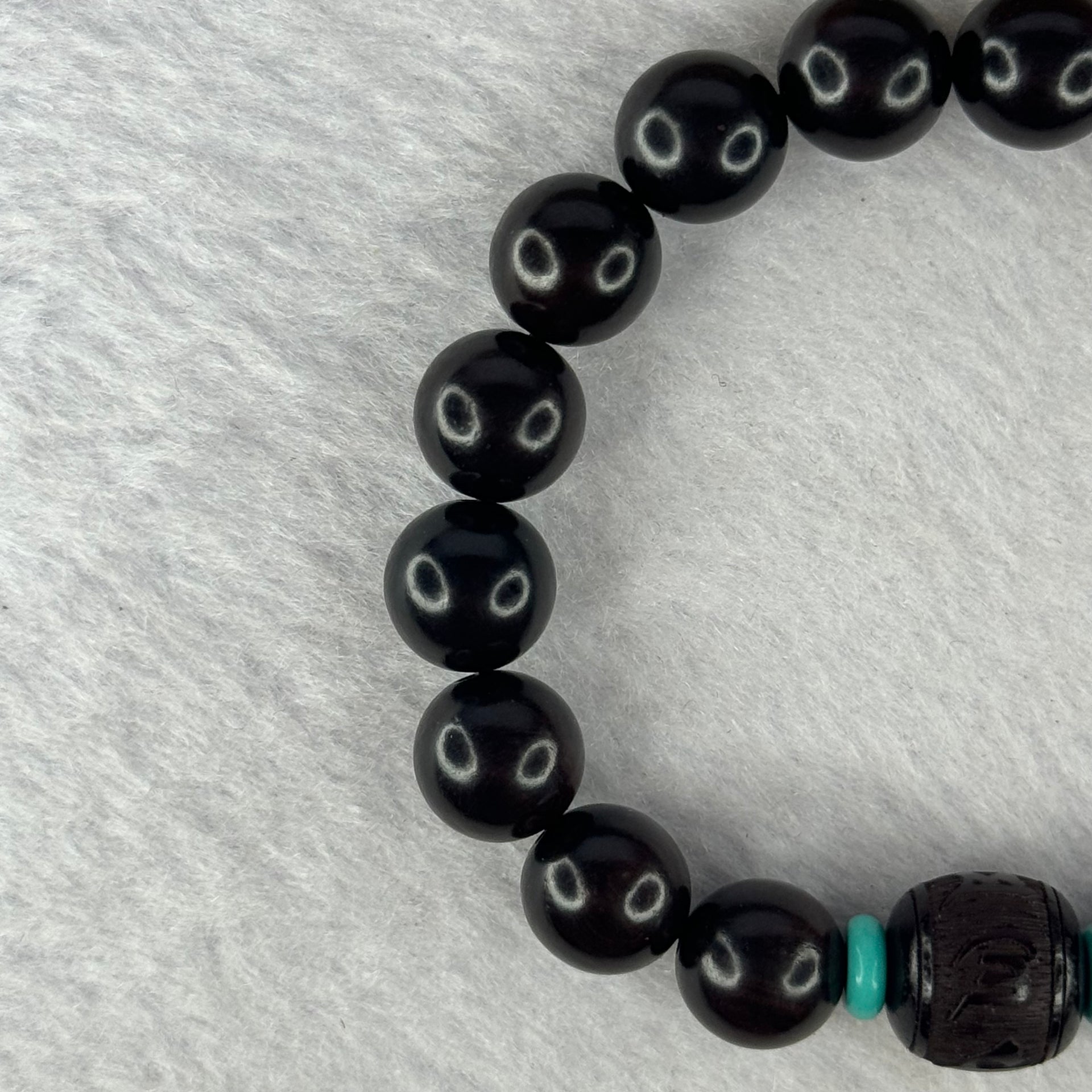 Natural India Zitan 天然小叶字檀木 Om Ma ni Padme Hum 六字真言 Beads Bracelet with Turquoise (Sinking Type) 11.53g 15.5cm 10.2mm 17 Beads, 11.8mm 1 Bead - Huangs Jadeite and Jewelry Pte Ltd