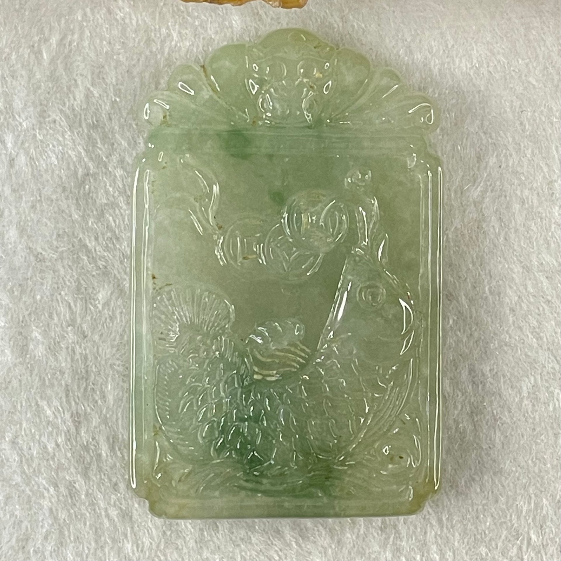(Pre-Love) Lotus on Water by Yun Long Zi Type A Semi Icy Light Green with Green Piao Hua Jadeite Arona Fish with Bat and Coins 30.46g 48.9 by 31.6 by 7.9mm with Full Original Box Set - Huangs Jadeite and Jewelry Pte Ltd