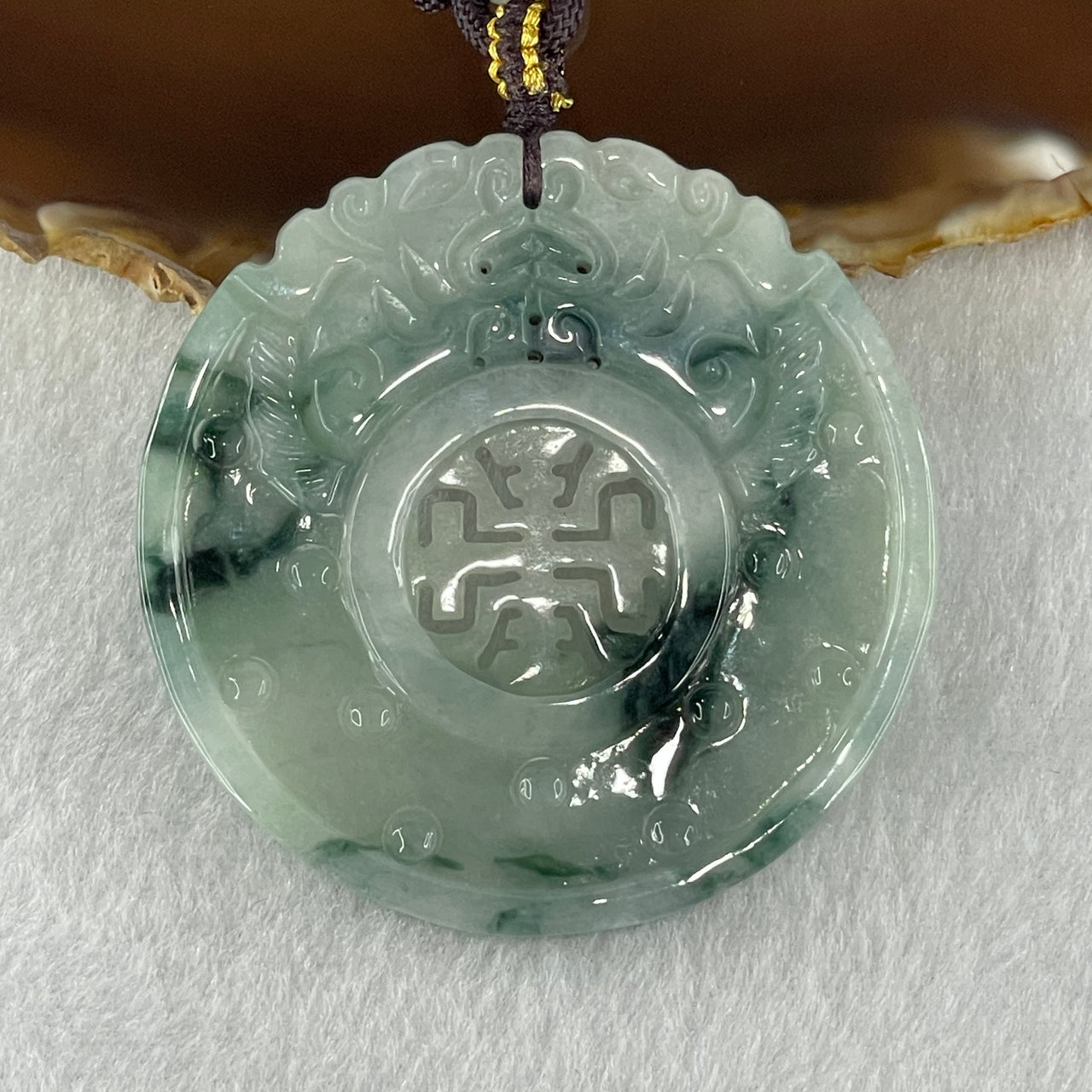 Type A Light Sky Blue with Dark Green Piao Hua Jadeite Double Dragons Head Double Side Pendant 47.34g 57.7 by 7.2mm