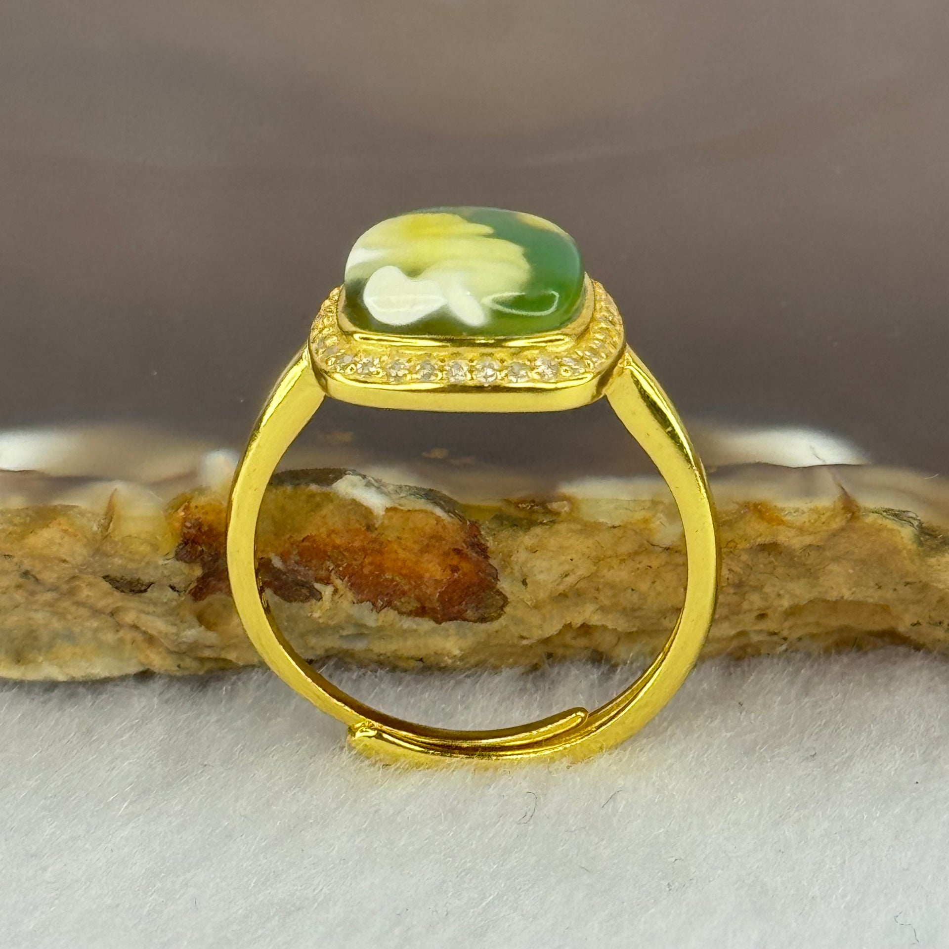 Natural Green Amber with Milk Inclusions in S925 Sliver Gold Color Ring (Adjustable Size) 2.31g 9.5 by 3.0mm - Huangs Jadeite and Jewelry Pte Ltd