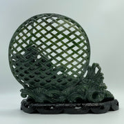 Natural Dark Green Nephrite 3 Prawns in Net with Wooden Display 2,568.0g 280.0 by 95.0 by 270.0mm - Huangs Jadeite and Jewelry Pte Ltd