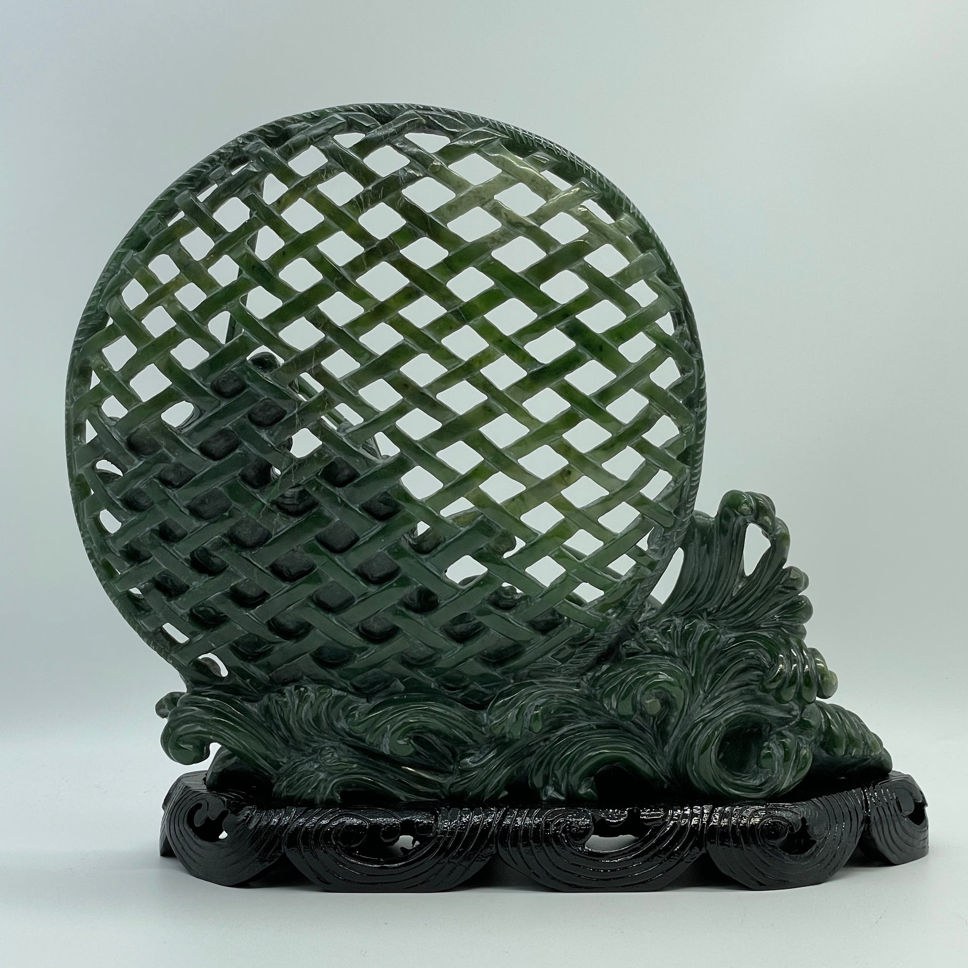 Natural Dark Green Nephrite 3 Prawns in Net with Wooden Display 2,568.0g 280.0 by 95.0 by 270.0mm - Huangs Jadeite and Jewelry Pte Ltd