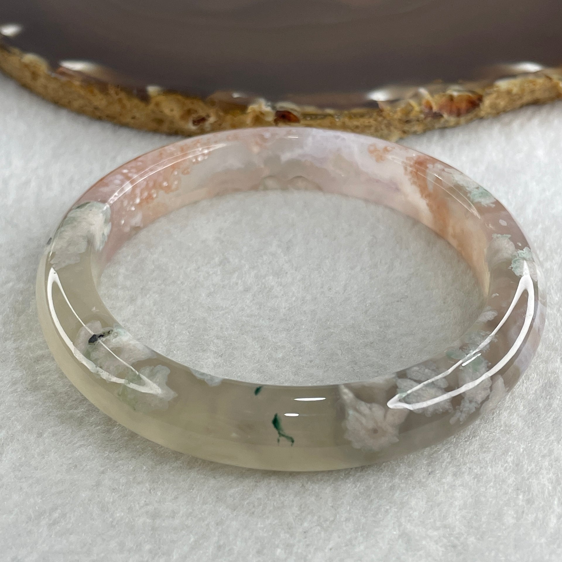 Natural Pinkish with White Flower Agate Bangle 43.81g Internal Diameter 60.5mm 11.3 by 8.8mm (Perfect) - Huangs Jadeite and Jewelry Pte Ltd