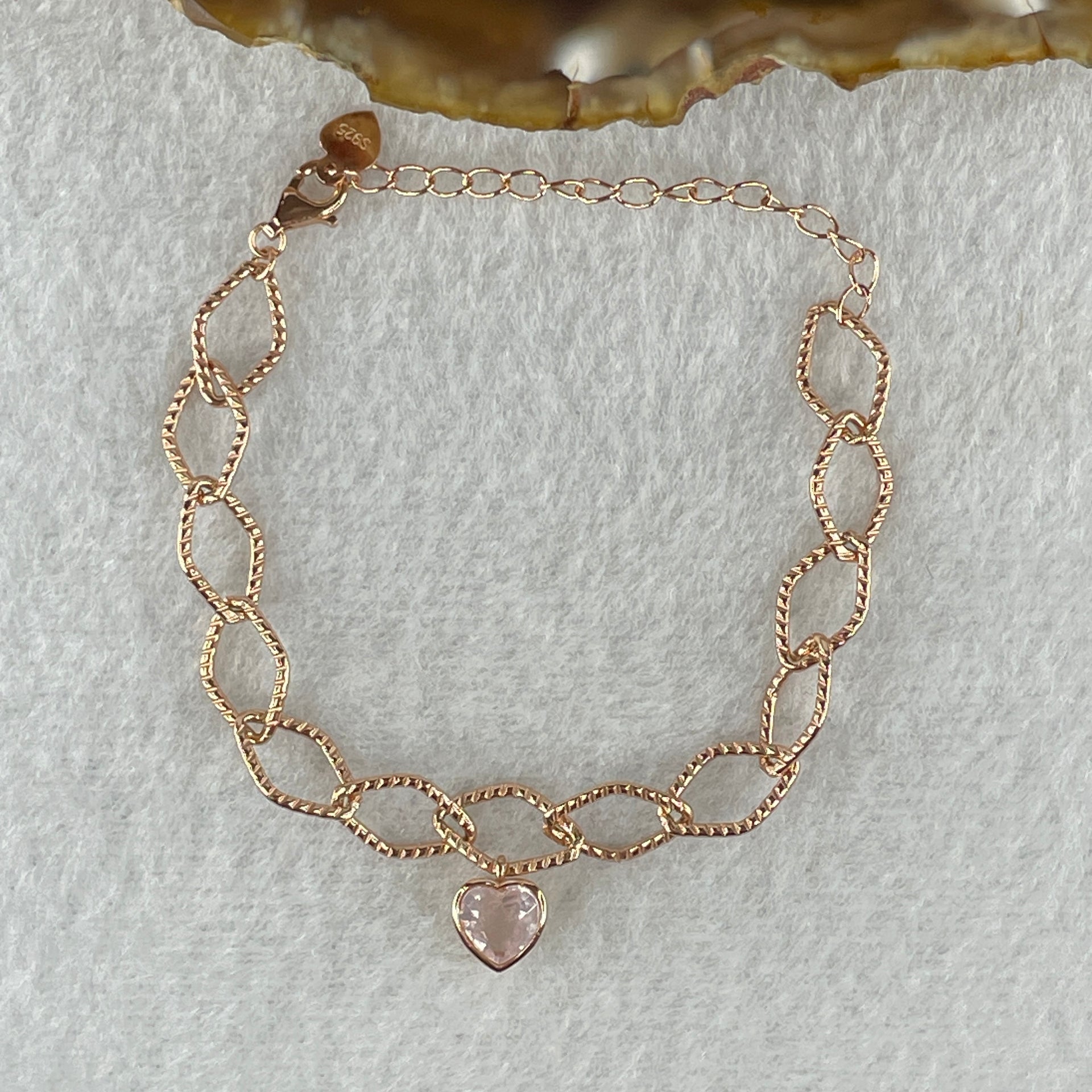 Natural Rose Quartz In 925 Sliver Rose Gold Color Bracelet 3.87g 7.3 by 7.0 by 3.8mm (Adjustable Size) - Huangs Jadeite and Jewelry Pte Ltd