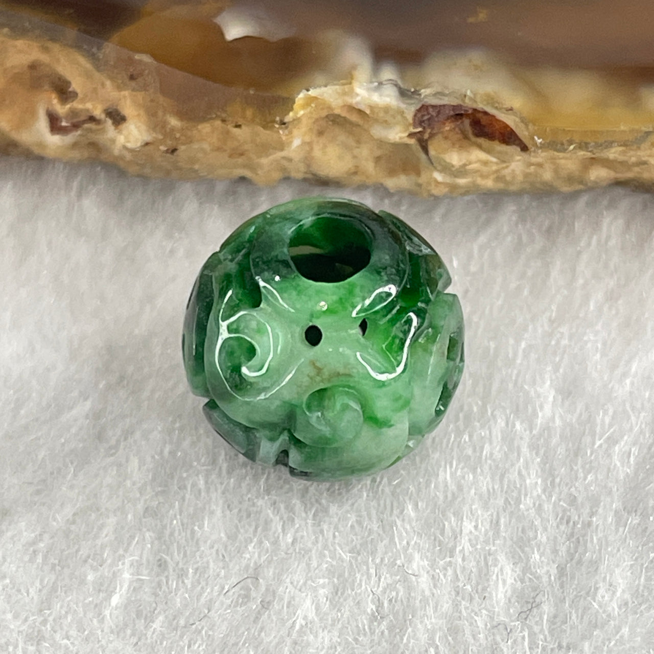 Natural Type A Lao Keng Old Mine Green Jadeite Flora Carving Bead Charm 1.32g 11.0mm - Huangs Jadeite and Jewelry Pte Ltd