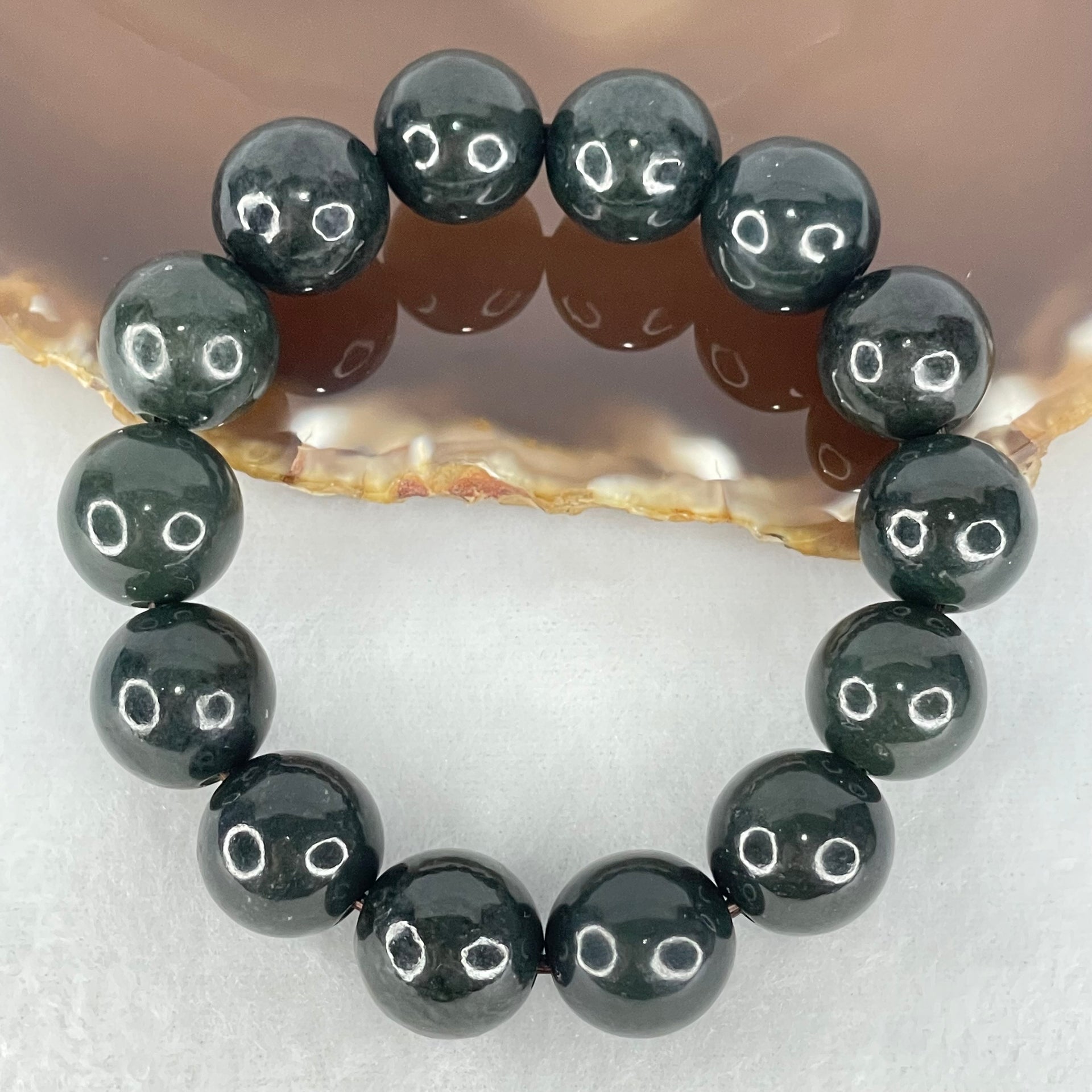 Natural Dark Green Nephrite Beads Bracelet 72.84g 17cm 14mm - Huangs Jadeite and Jewelry Pte Ltd
