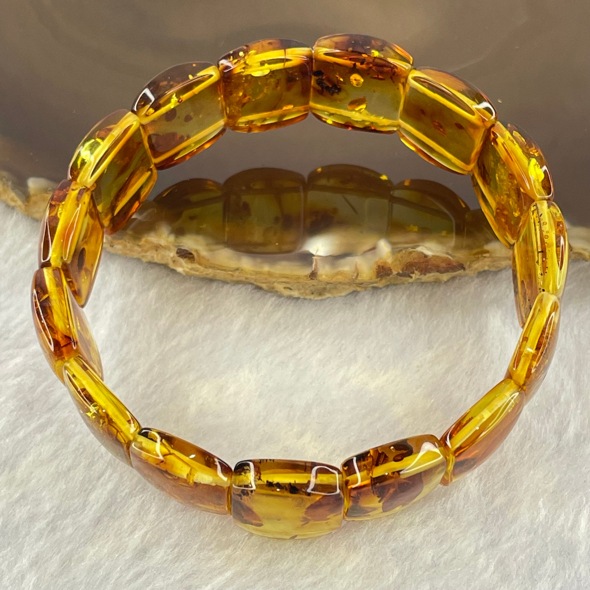Natural Yellow Flower Amber Shou Pai Bracelet 天然花珀手牌手链 14.27g 17.5cm 18.6 by 12.7 by 4.8mm 15pcs - Huangs Jadeite and Jewelry Pte Ltd