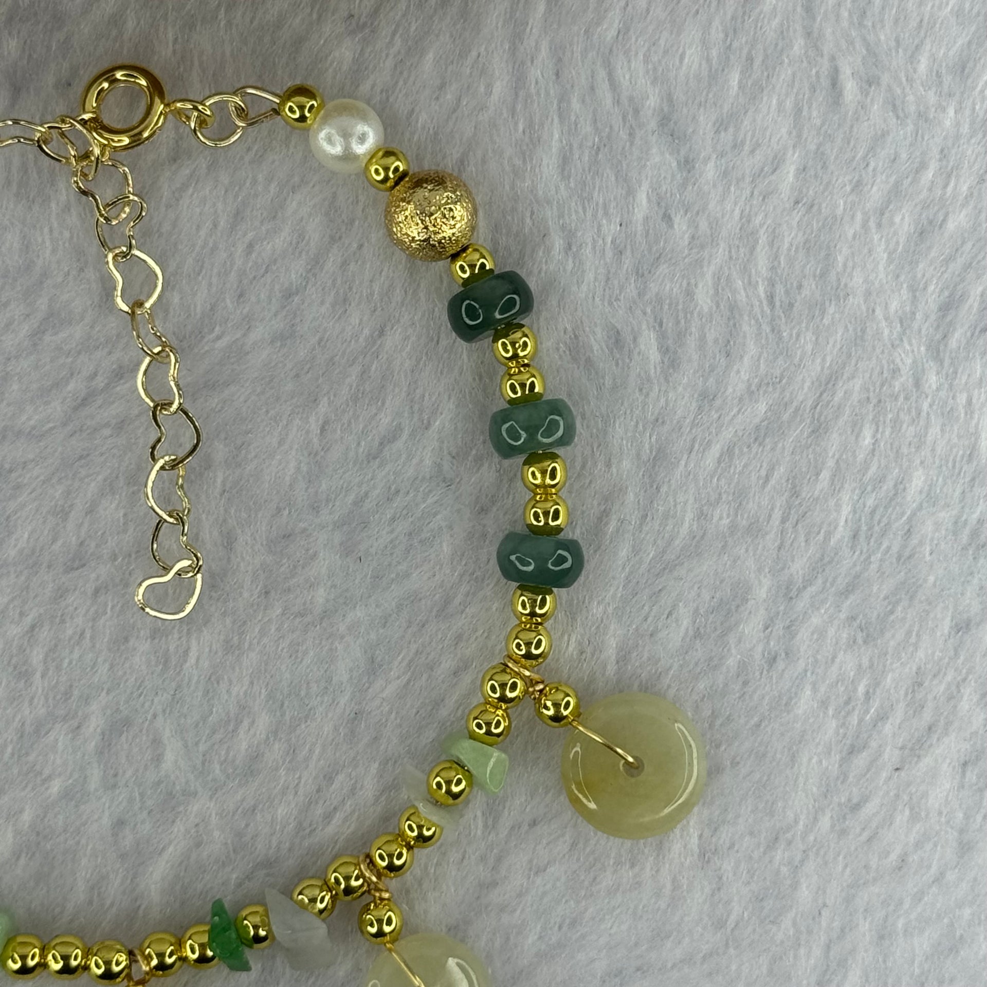 Type A Yellowish Green Donuts 9.6 by 2.6mm 5pcs, Blueish Green, Green and Lavender Jadeite Bracelet 7.26g - Huangs Jadeite and Jewelry Pte Ltd