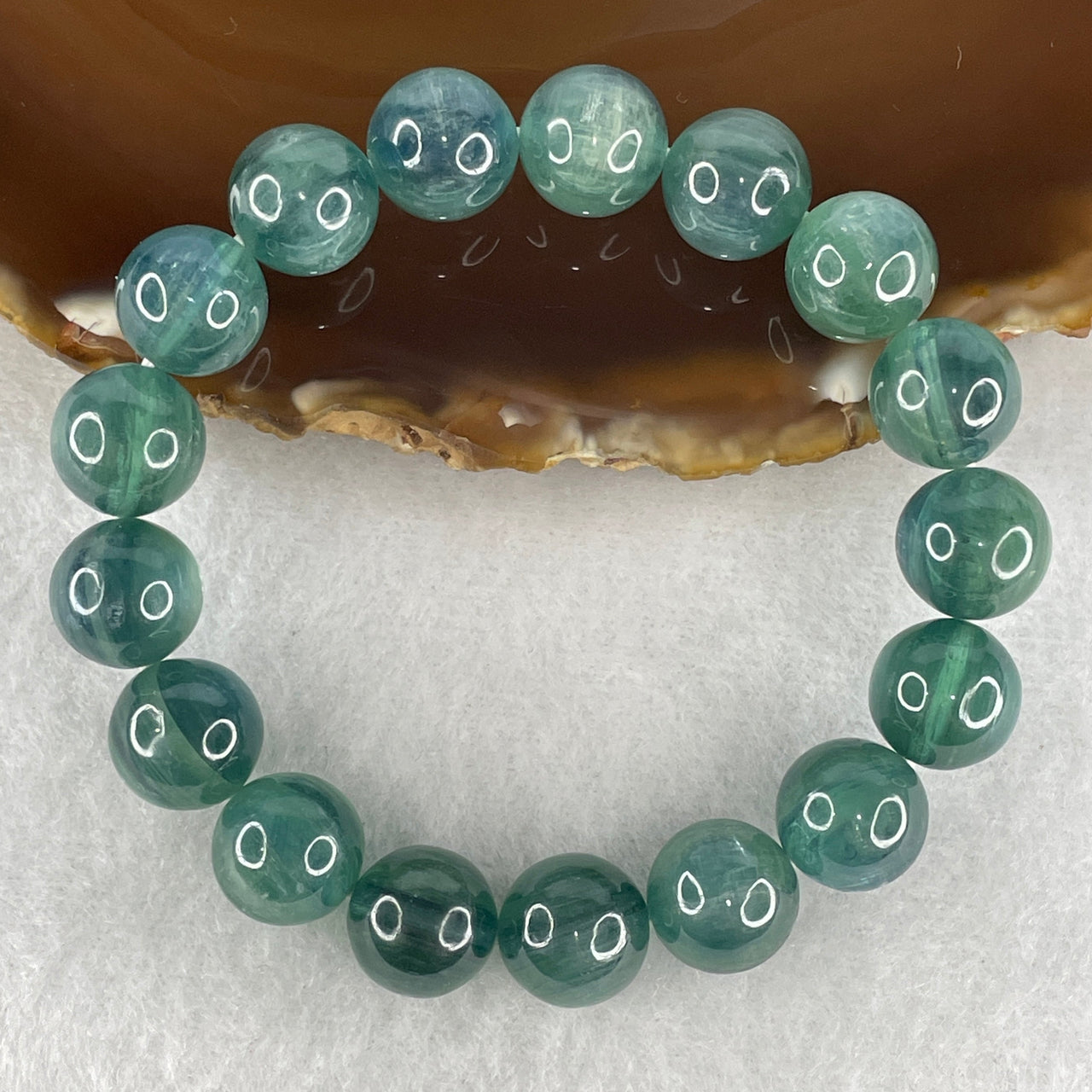 Certified Very Good Grade Natural Cat's Eye Bluish Green Kyanite Beads Bracelet | 11.7mm Ocean Teal Alignment (50.896g | 16cm Wrist Sizing | 17 Beads)