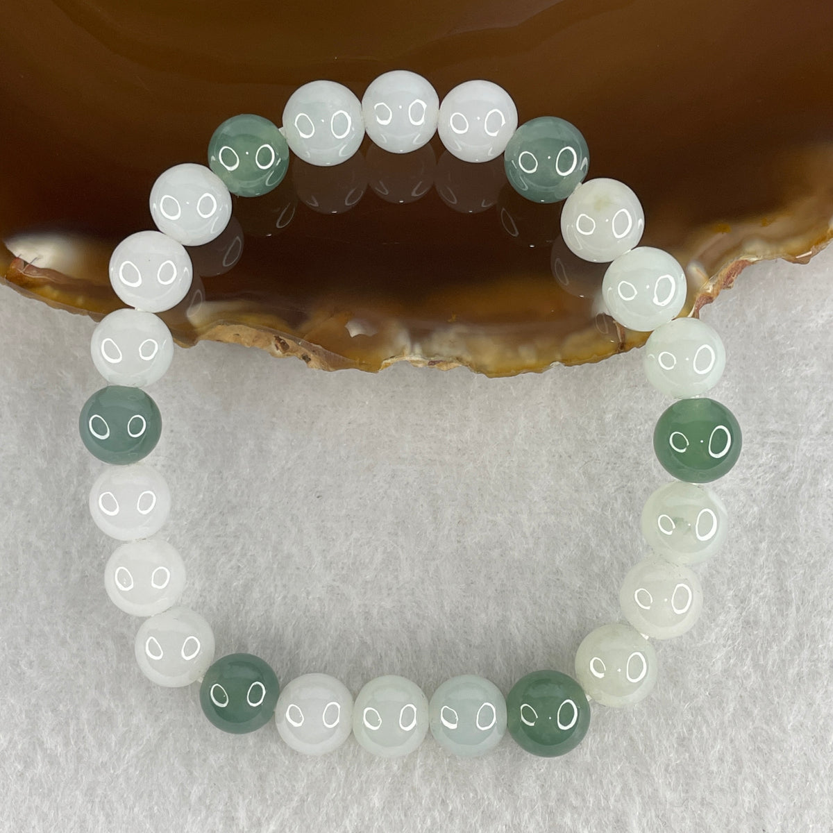 Natural Type A White with Green Jadeite Bead Bracelet | Untreated Bai Di Qing Fei Cui Stretch Bracelet (21.50g | 15.5cm Wrist | 8.3mm | 24 Beads)