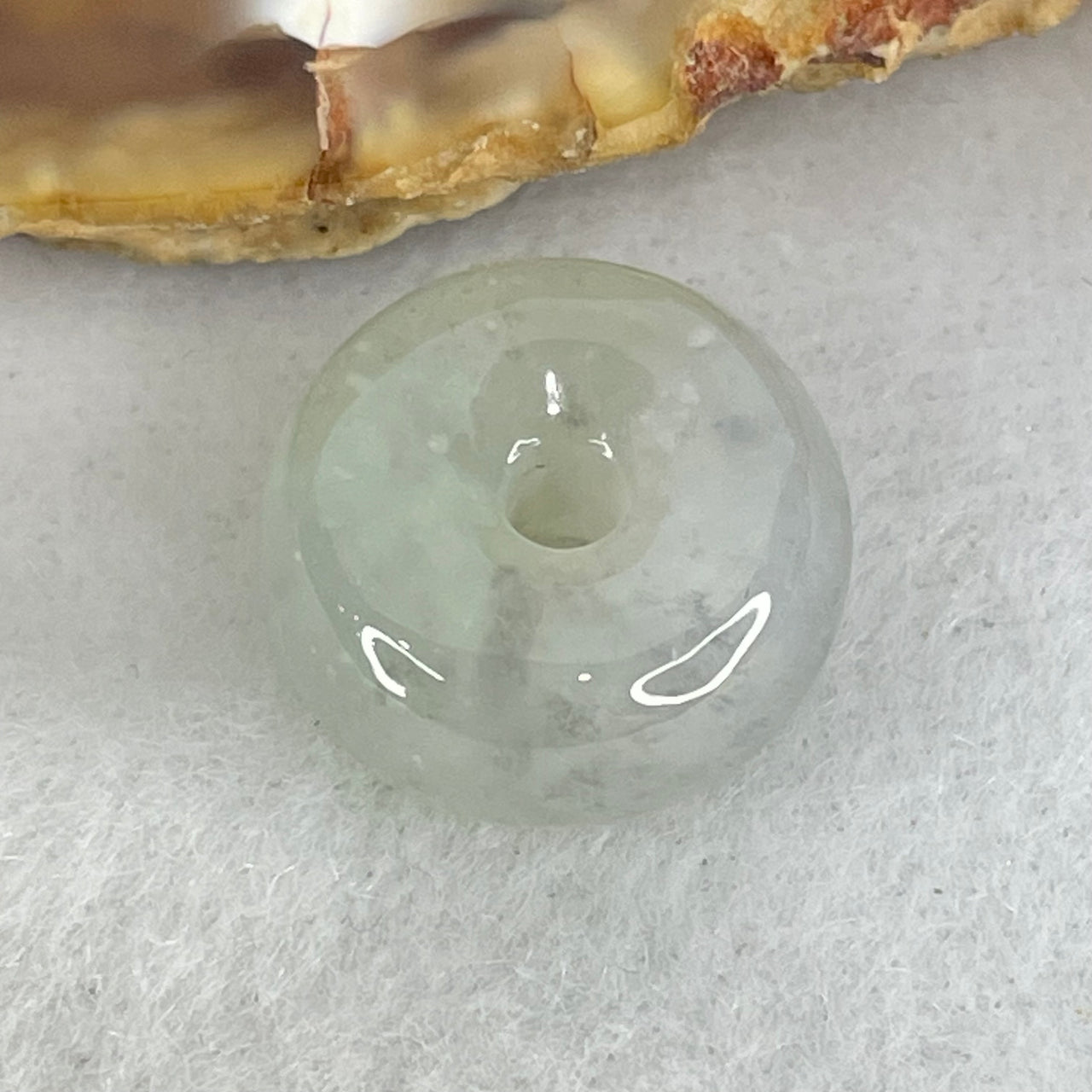 Type A Semi Icy Light Green With Wuji Grey Spots Jadeite Ping An Kou Donut Pendant 2.80g 14.0 by 6.8mm - Huangs Jadeite and Jewelry Pte Ltd