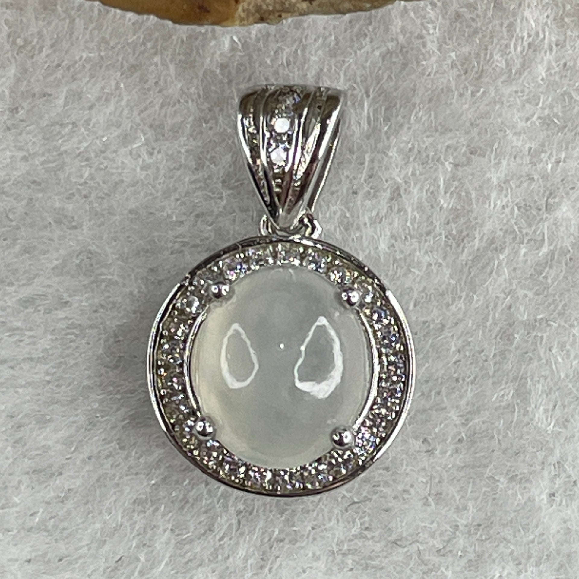 Type A Icy White Jadeite Pendant with Cubic Zirconia in S925 Sliver 1.75g 8.6 by 7.2 by 4.0mm - Huangs Jadeite and Jewelry Pte Ltd