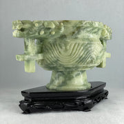 Natural Green with White Piao Hua Serpentine Double Dragon Head on Wealth Pot with Wooden Stand Display 2,463.9g 231.0 by 127.0 by 156.0mm - Huangs Jadeite and Jewelry Pte Ltd