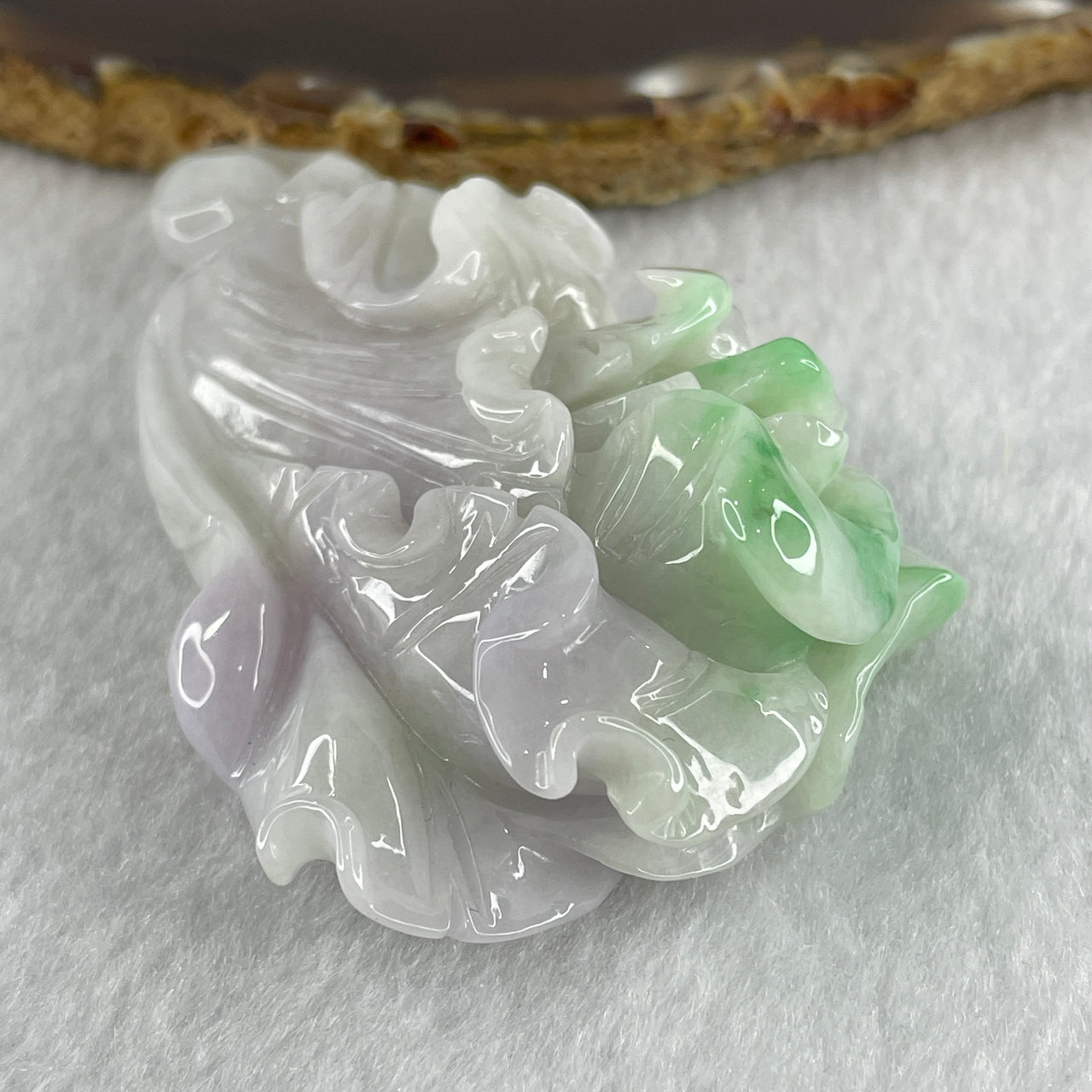 Natural Type A Light Lavender Apple Green Patches Jadeite Cabbage Pendant 89.38g 77.5 by 49.1 by 23.7mm