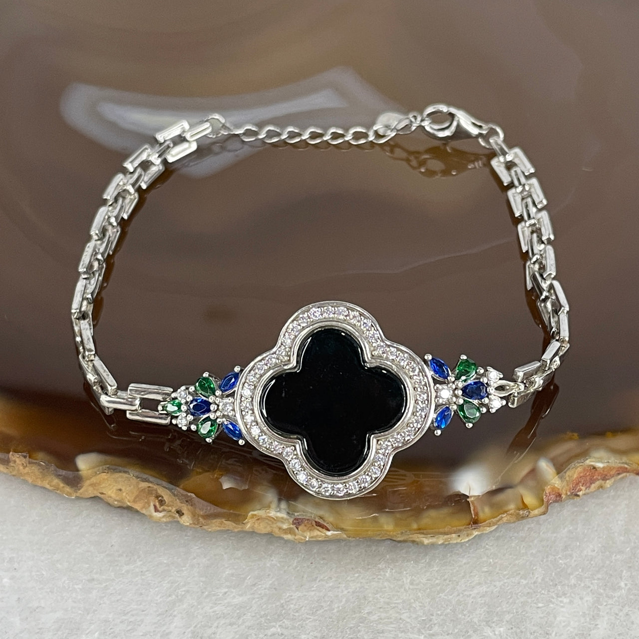 Type A Fully Translucent Black Omphacite Jadeite Four-Leaf Clover Bracelet | Solid S925 Sterling Silver Setting | 14-16cm Wrist Fit | "Imperial Ink" Serendipity & Protection Amulet (8.80g 12.3x2.0mm)