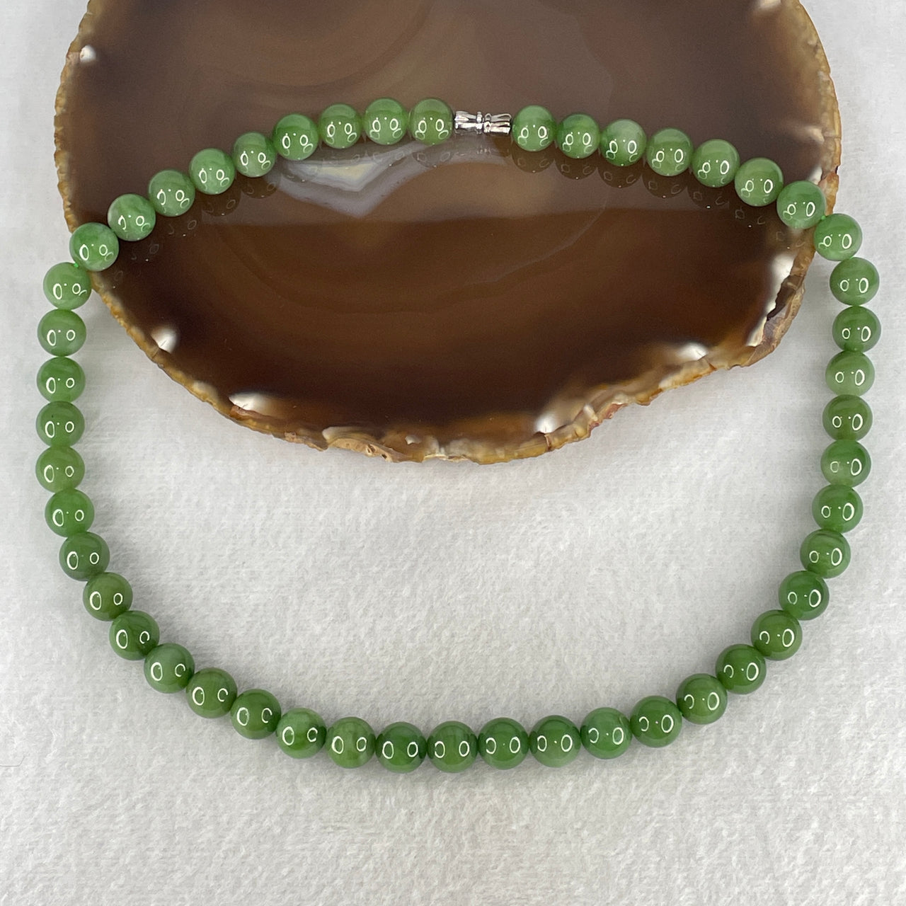 Certified Natural Nephrite Necklace 64.50g - 9.6mm x 48 Beads - 44cm Length - Full Green Grade A Untreated Nephrite Jade Jewelry