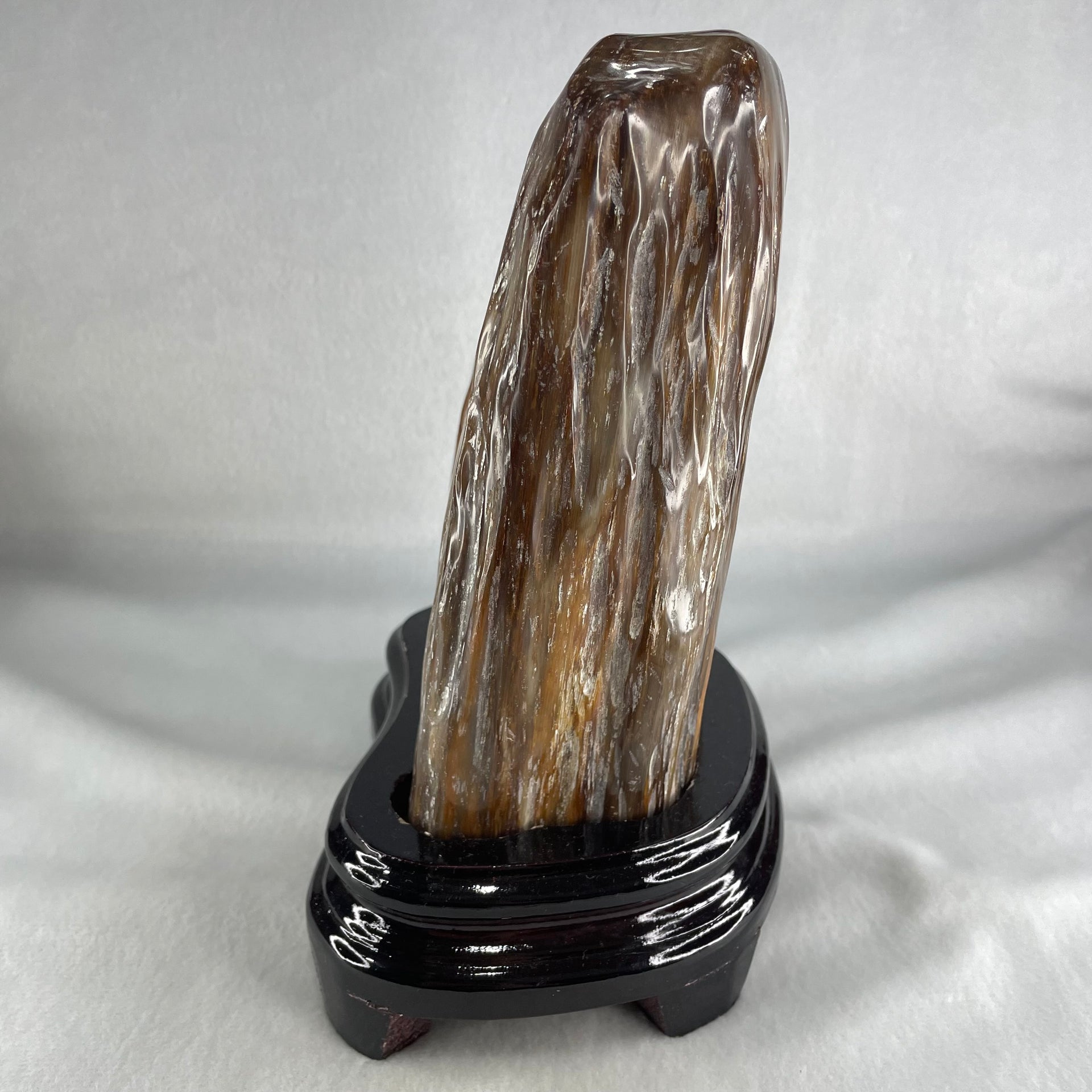 Natural Fossilised Petrified Wood Tower with Wooden Stand Display 1722.7g 185.0 by 146.2 by 110.0mm - Huangs Jadeite and Jewelry Pte Ltd