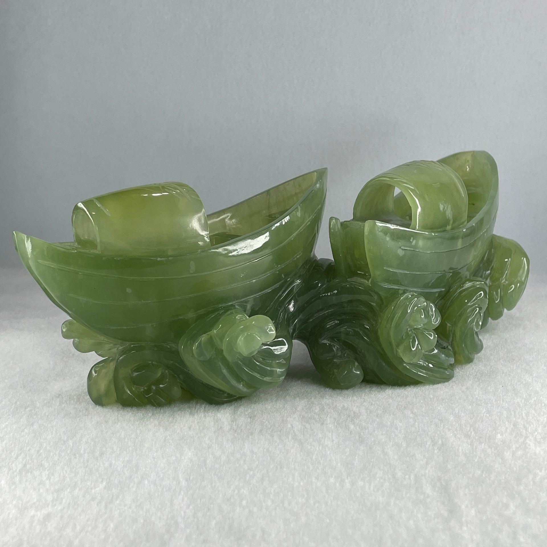 Natural Semi Icy Green Serpentine Double Boats Display 1,692.9g 287.0 by 121.0 by 130.0mm - Huangs Jadeite and Jewelry Pte Ltd