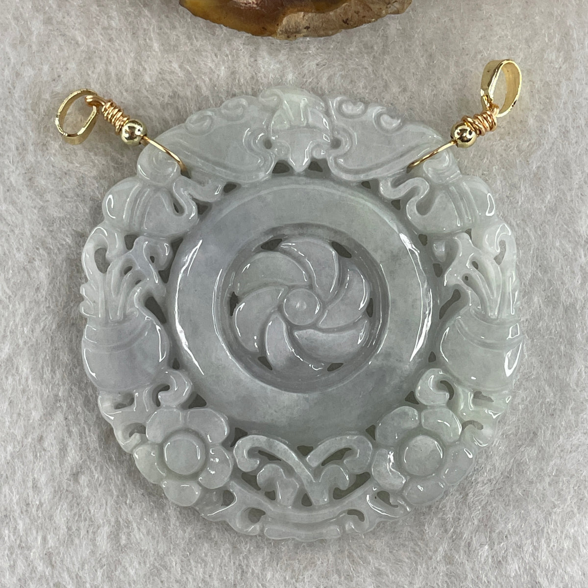 Natural Type A Green Jadeite Flower, Bat & Hulu Pendant in Intricate Hollow Carving | Blessing, Longevity & Good Fortune Talisman (19.17g | 47.4mm) - Huangs Jadeite and Jewelry Pte Ltd