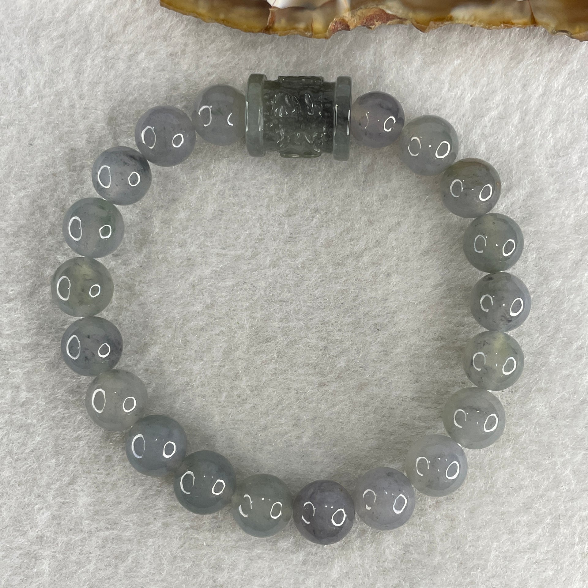 Certified Natural Type A Semi icy Wuyji Grey Jadeite Beads with Lulutong Charm Bracelet 25.45g 15cm 8.4mm 20 Beads - 14.5 by 11.8mm Lulutong - Huangs Jadeite and Jewelry Pte Ltd